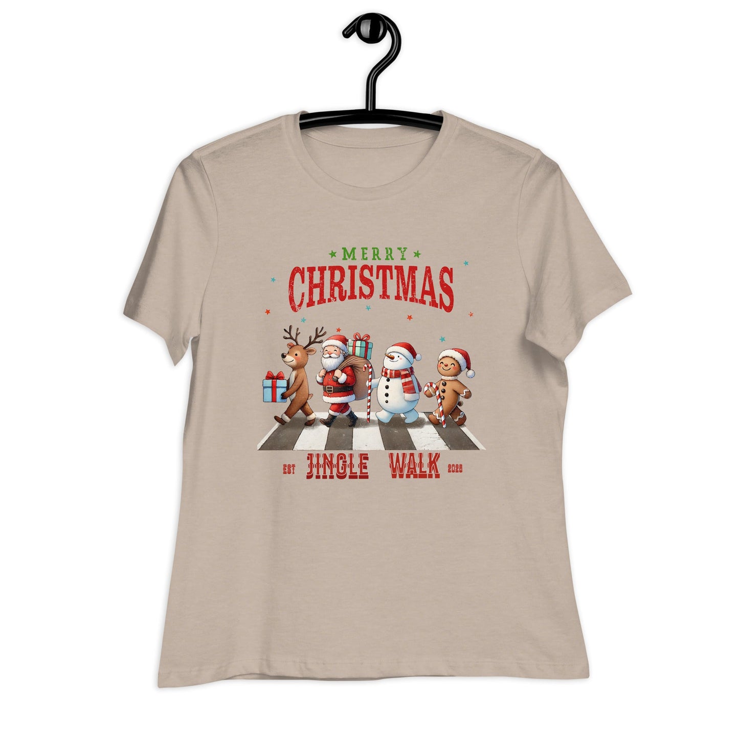 Merry Christmas Jingle Walk Women's T-Shirt - Snowman, Santa, Gingerbread Man, Reindeer - Sublimegifts4u.com