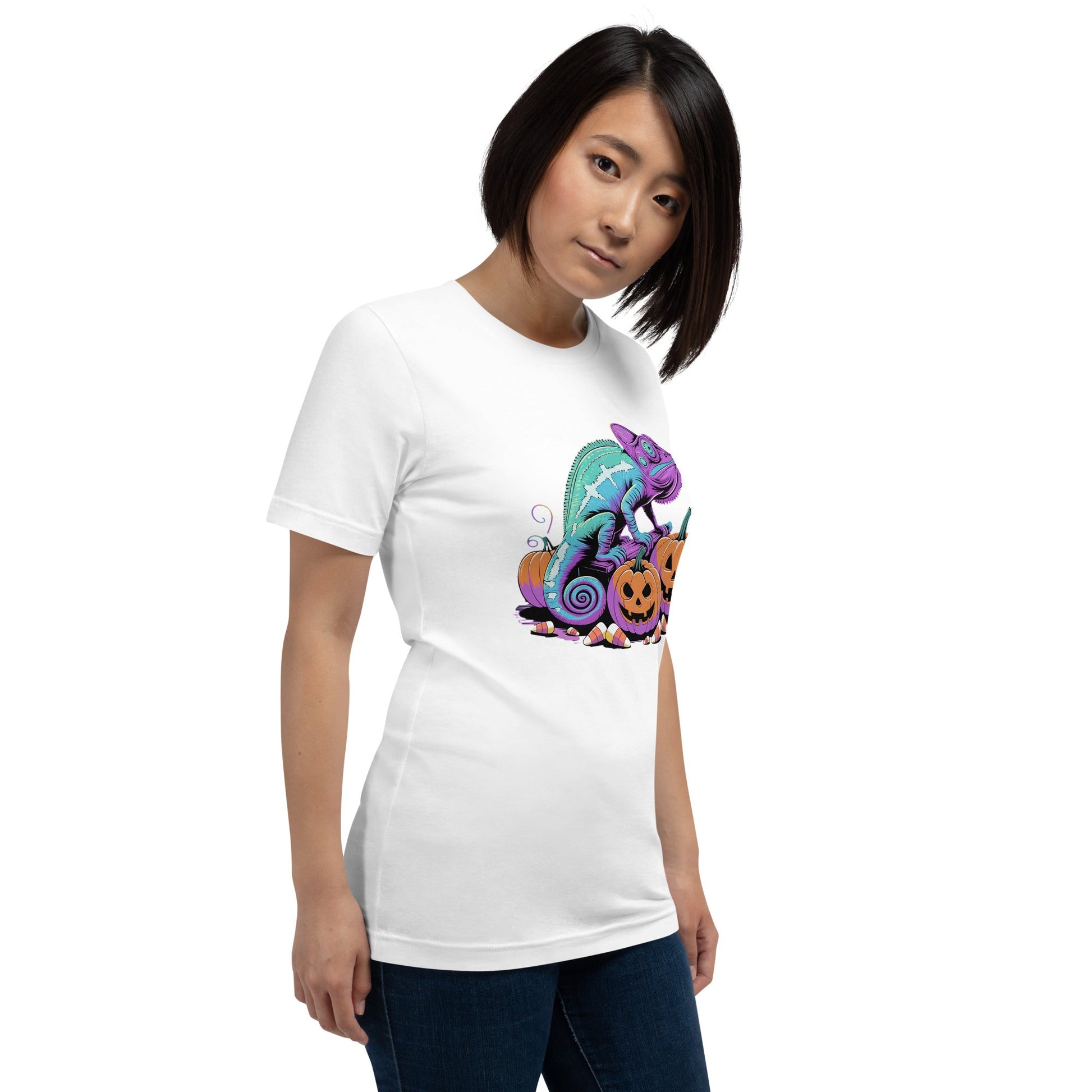 Neon Chameleon on Pumpkins Women's Fall T-Shirt – Soft & Lightweight - Sublimegifts4u.com