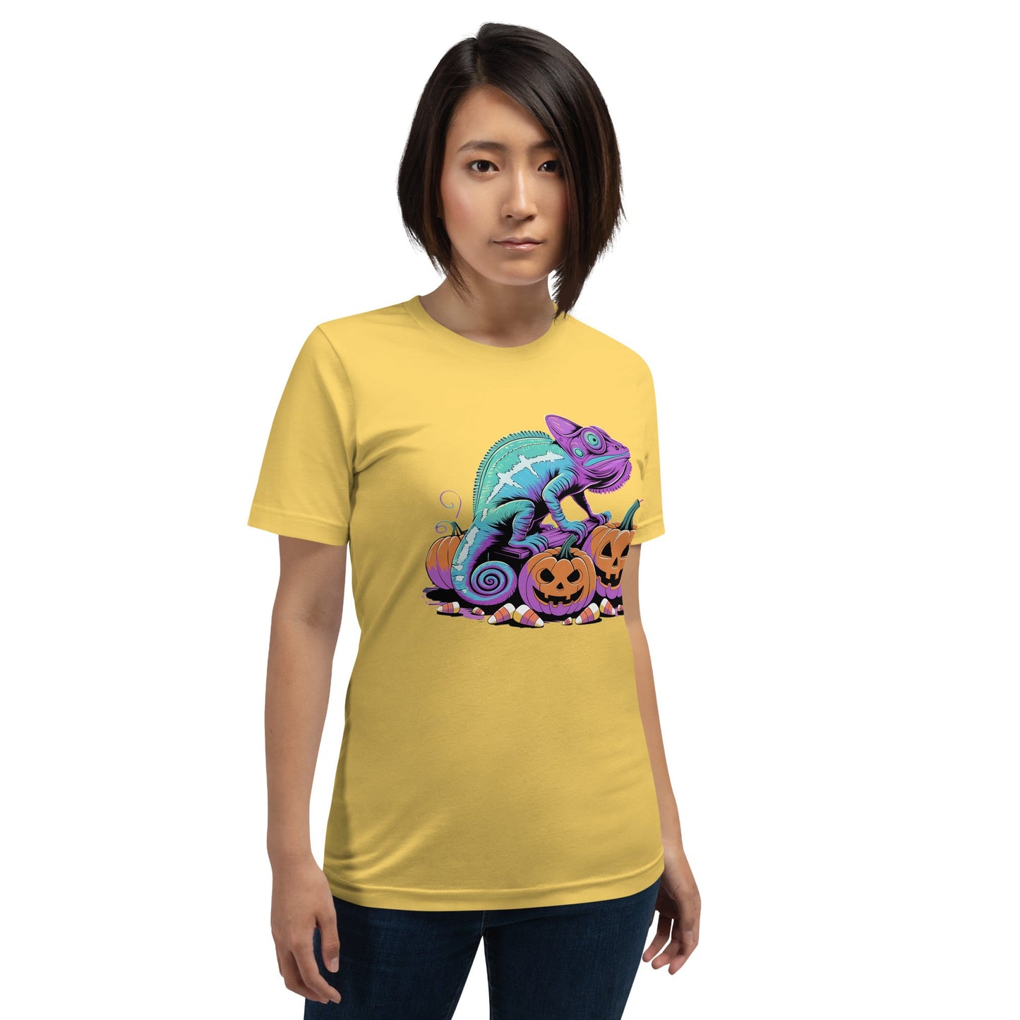 Neon Chameleon on Pumpkins Women's Fall T-Shirt – Soft & Lightweight - Sublimegifts4u.com