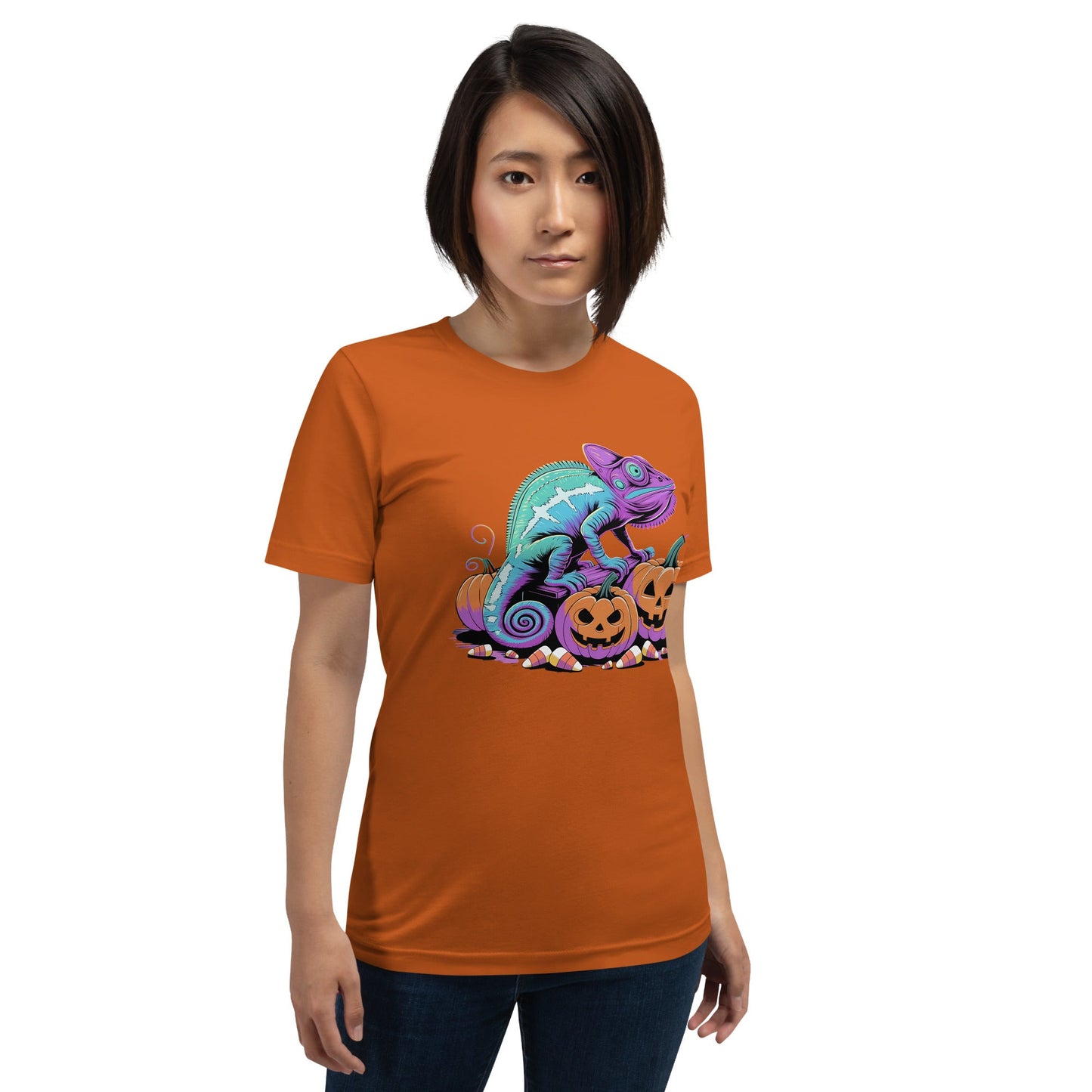 Neon Chameleon on Pumpkins Women's Fall T-Shirt – Soft & Lightweight - Sublimegifts4u.com