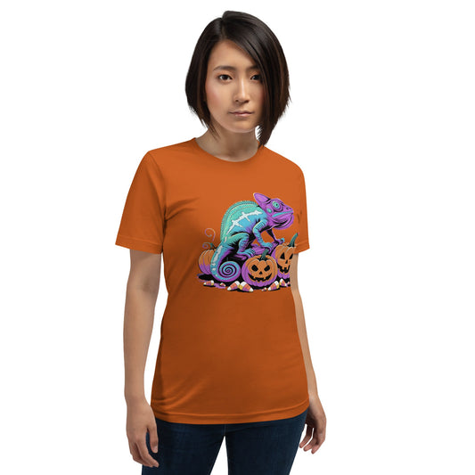 Neon Chameleon on Pumpkins Women's Fall T-Shirt – Soft & Lightweight - Sublimegifts4u.com