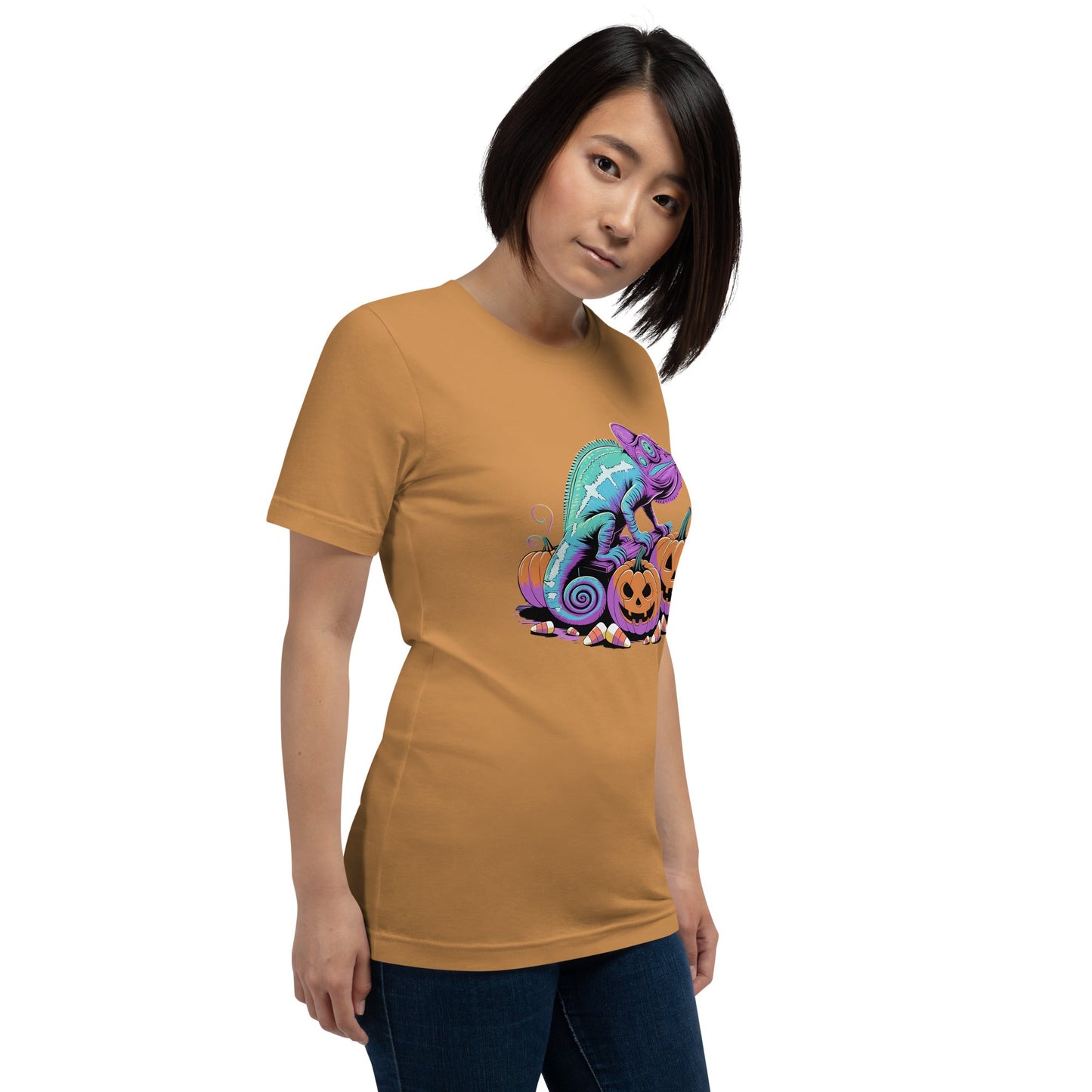 Neon Chameleon on Pumpkins Women's Fall T-Shirt – Soft & Lightweight - Sublimegifts4u.com