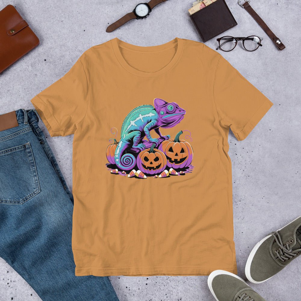 Neon Chameleon on Pumpkins Women's Fall T-Shirt – Soft & Lightweight - Sublimegifts4u.com