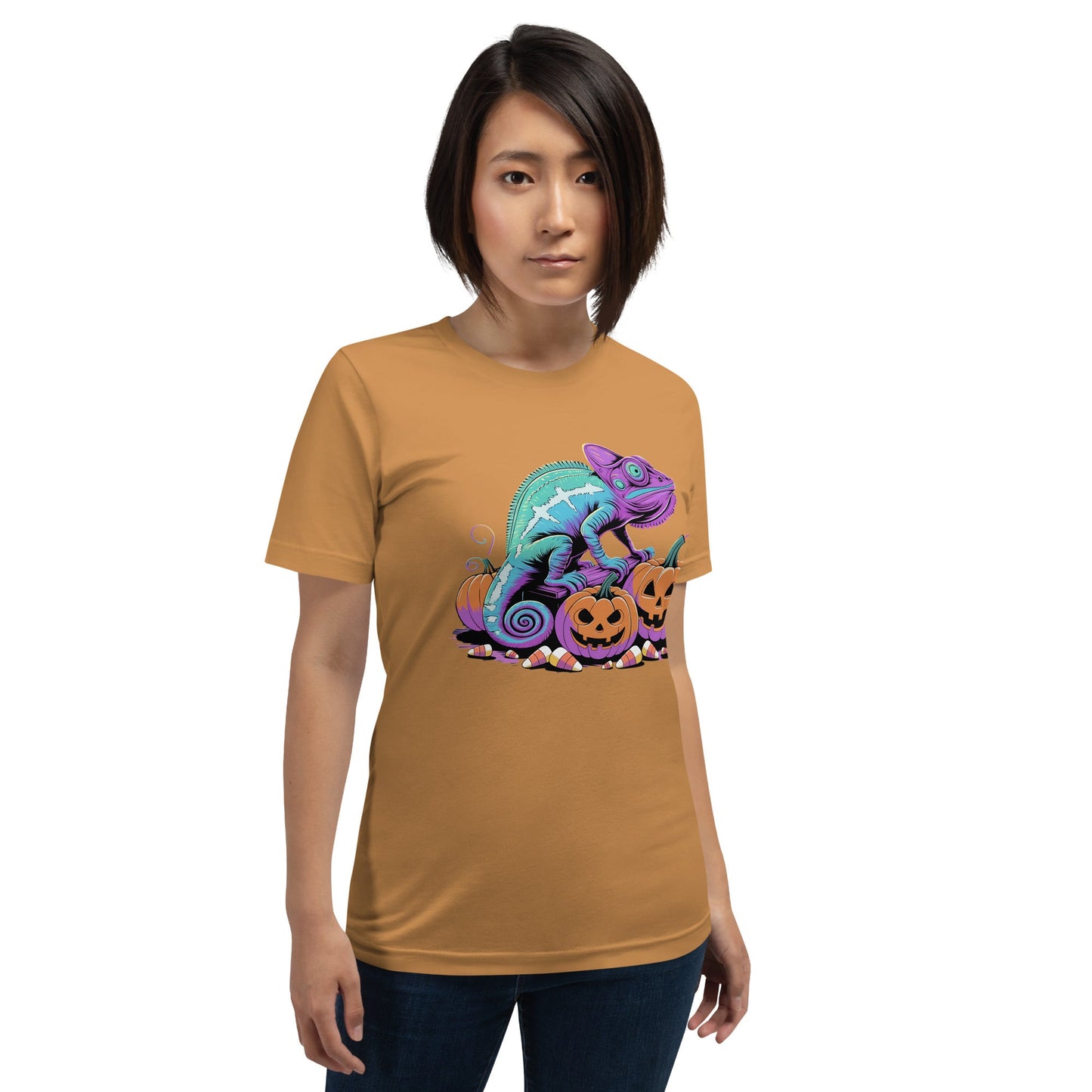 Neon Chameleon on Pumpkins Women's Fall T-Shirt – Soft & Lightweight - Sublimegifts4u.com