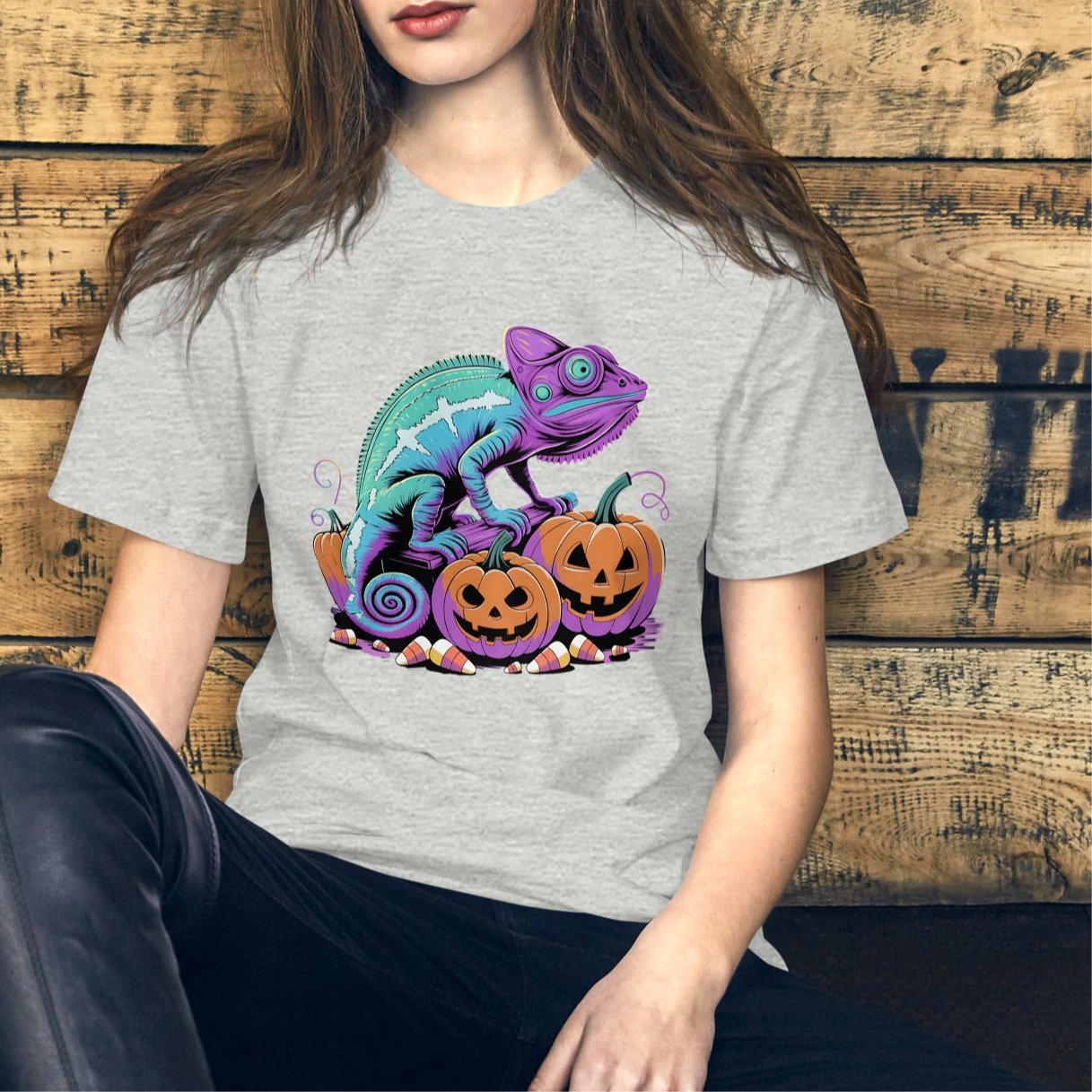 Neon Chameleon on Pumpkins Women's Fall T-Shirt – Soft & Lightweight - Sublimegifts4u.com