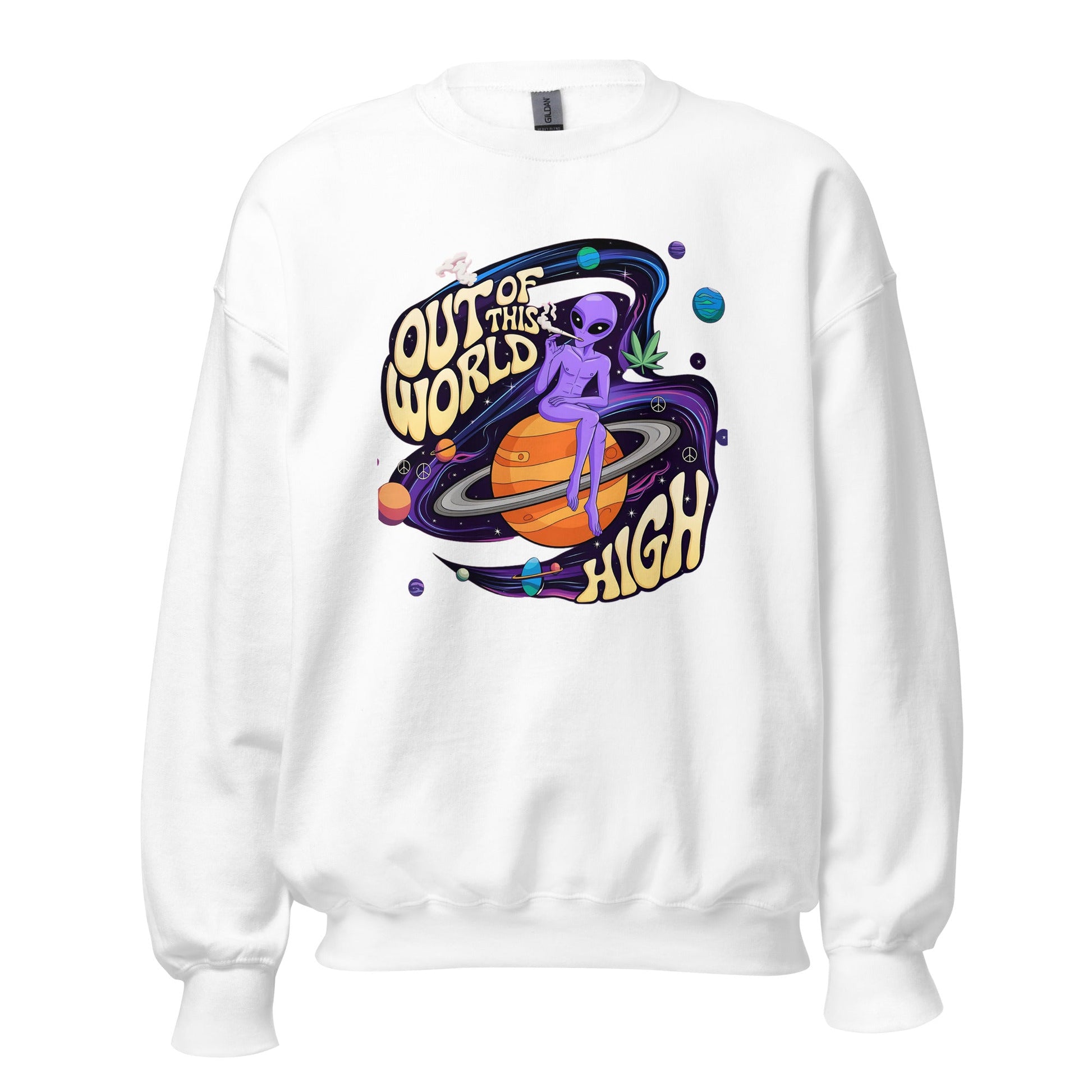 Out of This World High Women's Sweatshirt - Stoner Alien & Marijuana Leaves Graphic - Sublimegifts4u.com