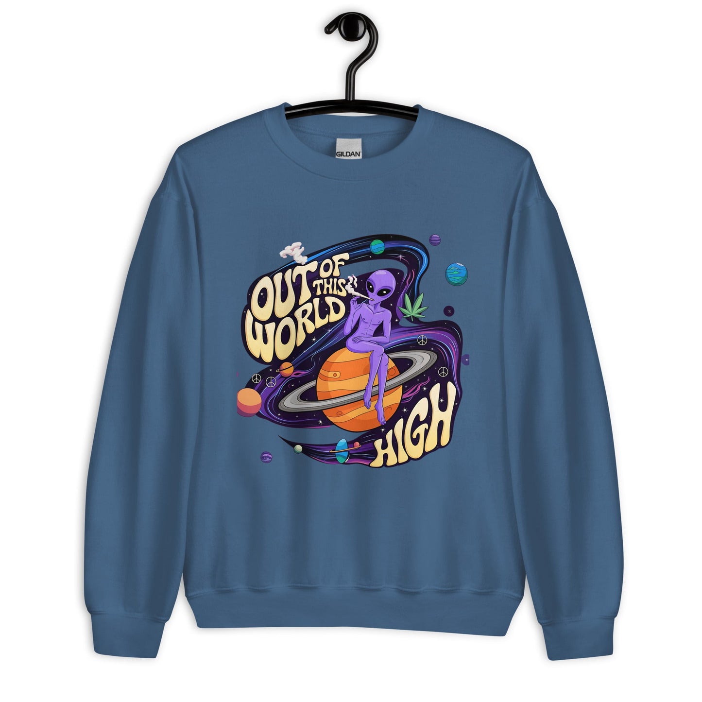 Out of This World High Women's Sweatshirt - Stoner Alien & Marijuana Leaves Graphic - Sublimegifts4u.com