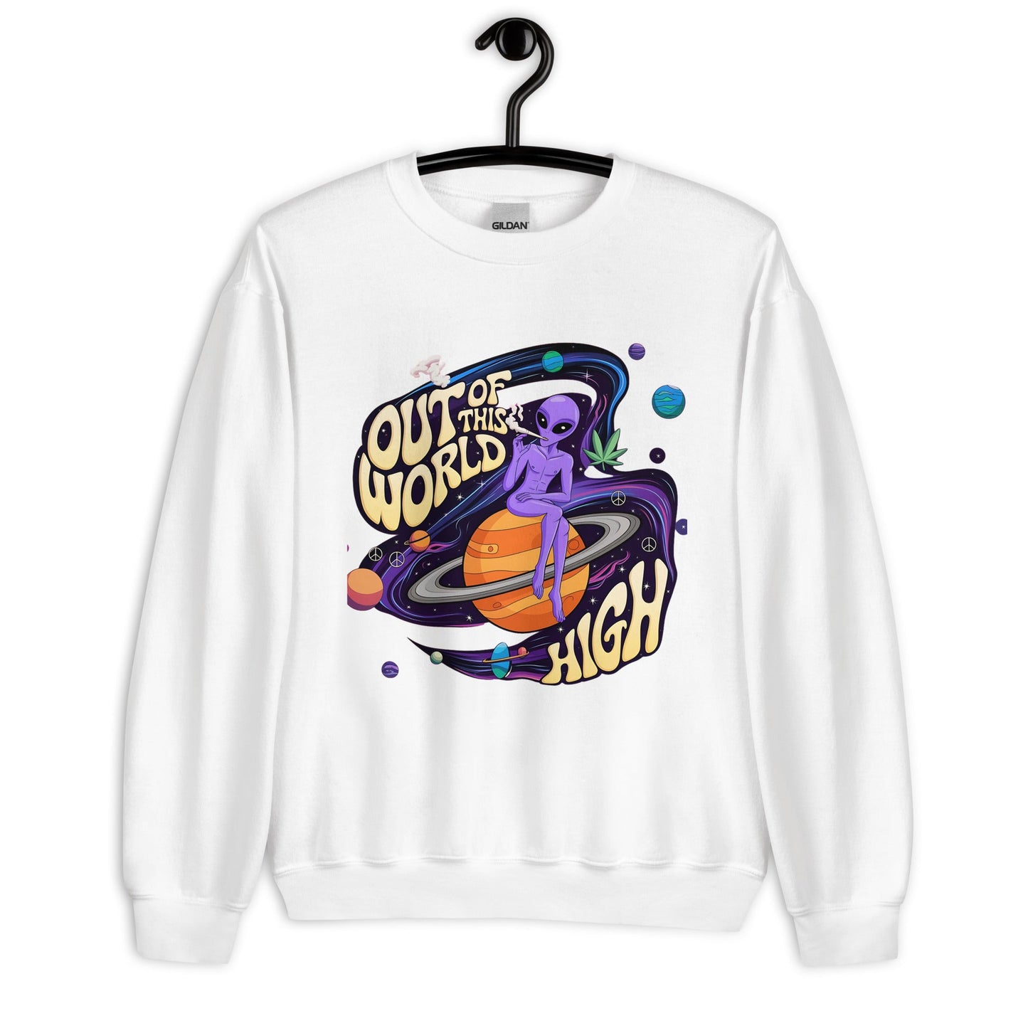 Out of This World High Women's Sweatshirt - Stoner Alien & Marijuana Leaves Graphic - Sublimegifts4u.com