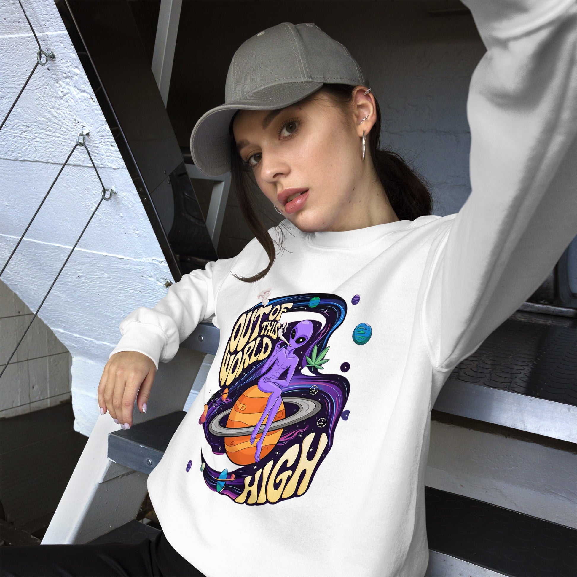 Out of This World High Women's Sweatshirt - Stoner Alien & Marijuana Leaves Graphic - Sublimegifts4u.com