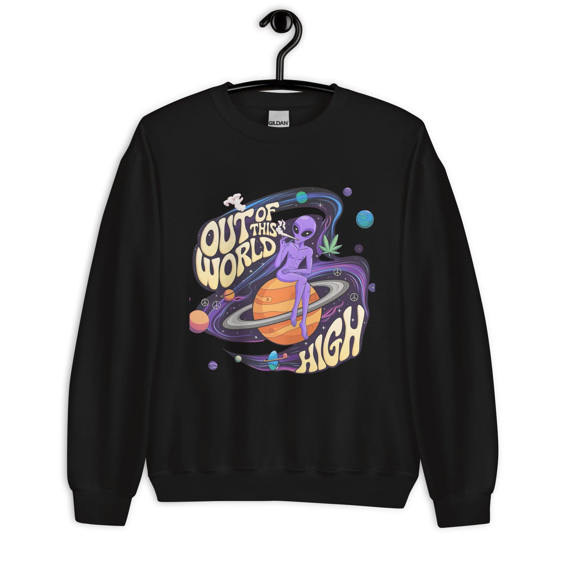 Out of This World High Women's Sweatshirt - Stoner Alien & Marijuana Leaves Graphic - Sublimegifts4u.com