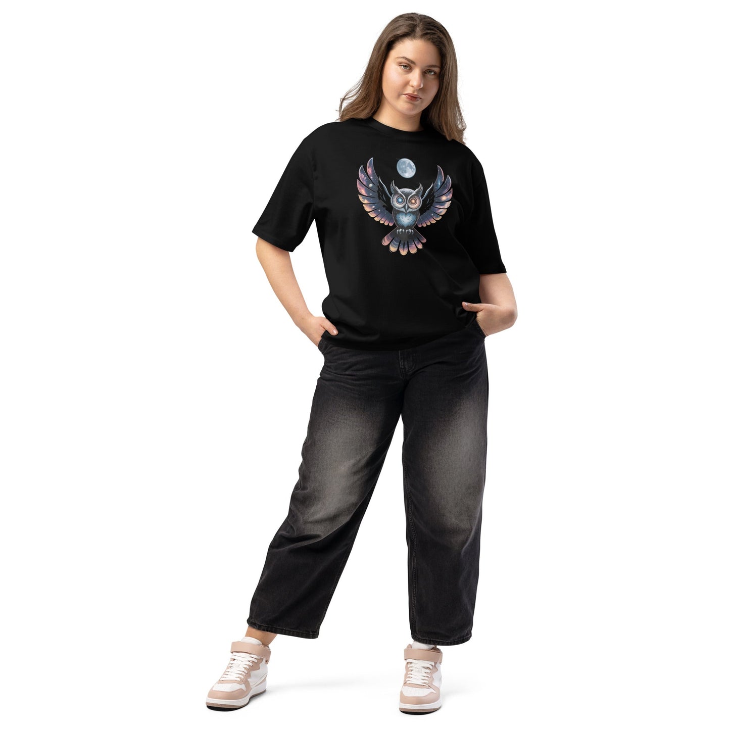 Oversized Women's Tee with Celestial Owl | 100% Cotton, Unisex Style - Sublimegifts4u.com