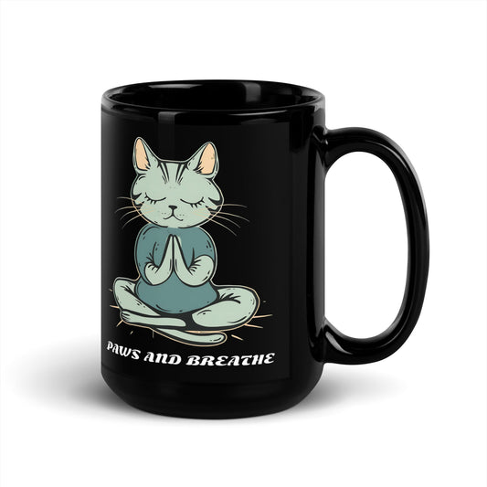 Paws and Breathe Cat Yoga Black Mug - 11oz & 15oz Ceramic Coffee Mug - Sublimegifts4u.com