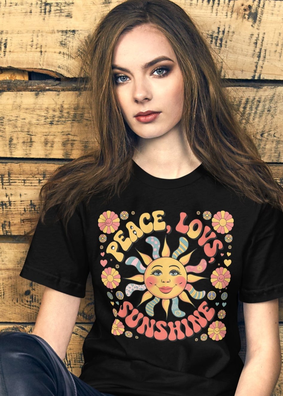 Peace Love and Sunshine Women's T-Shirt - Hippie Sunshine Design, Soft & Comfortable - Sublimegifts4u.com