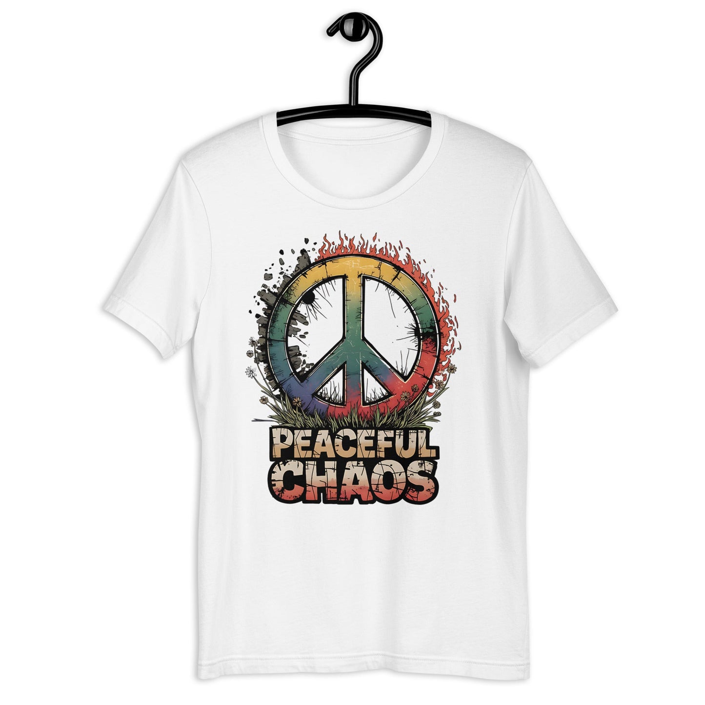 Peaceful Chaos Women's T-Shirt - Rainbow Grunge Peace Symbol, Soft & Comfortable - Sublimegifts4u.com