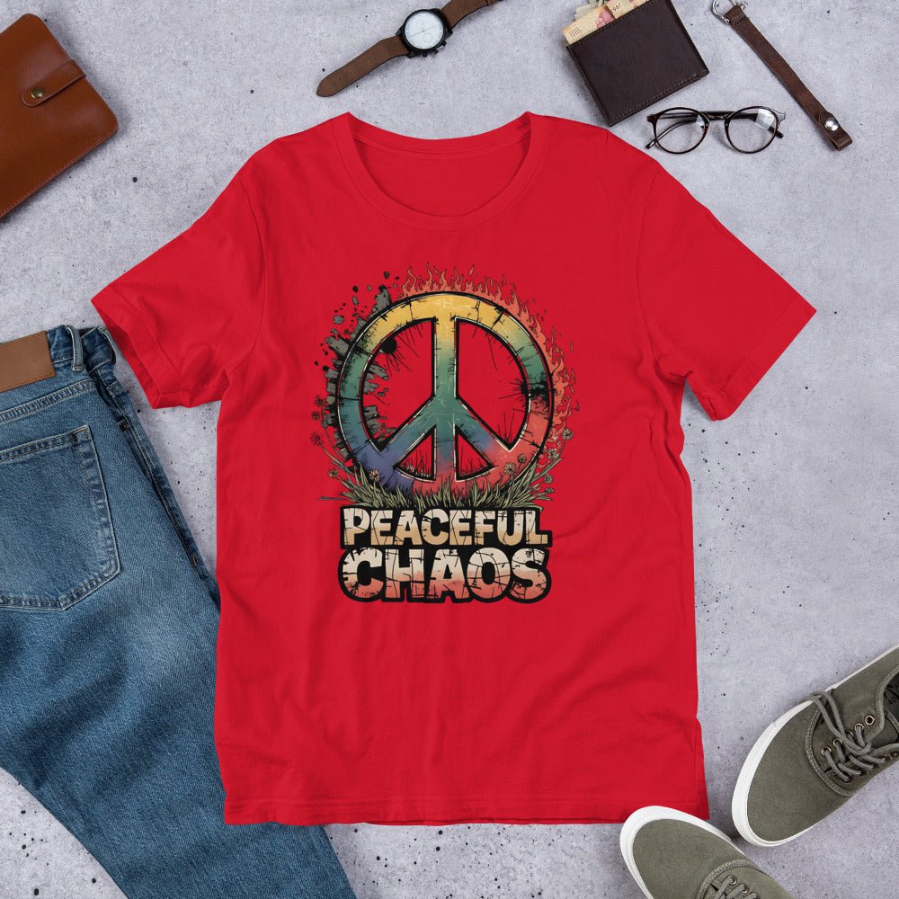 Peaceful Chaos Women's T-Shirt - Rainbow Grunge Peace Symbol, Soft & Comfortable - Sublimegifts4u.com