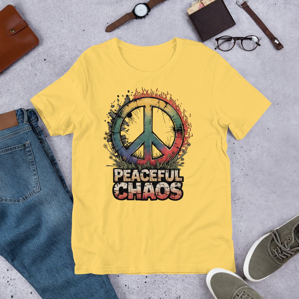 Peaceful Chaos Women's T-Shirt - Rainbow Grunge Peace Symbol, Soft & Comfortable - Sublimegifts4u.com