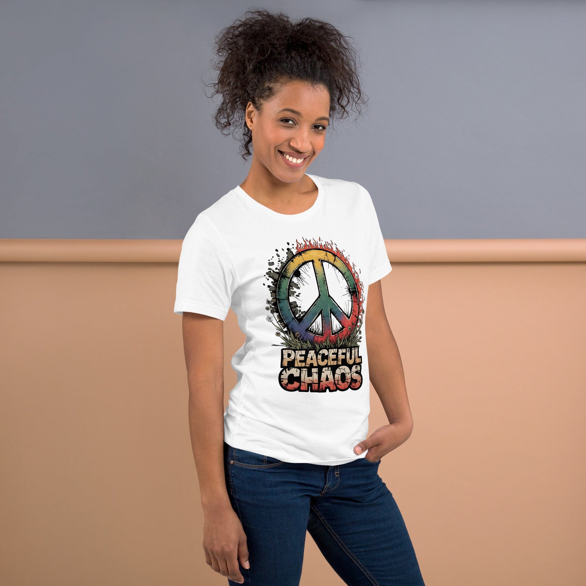 Peaceful Chaos Women's T-Shirt - Rainbow Grunge Peace Symbol, Soft & Comfortable - Sublimegifts4u.com