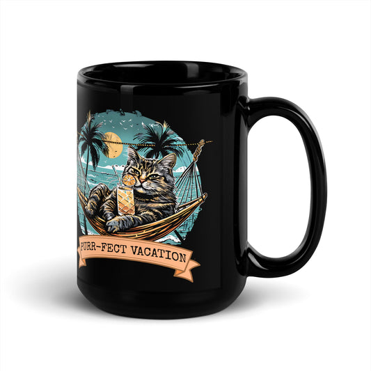 Purrfect Vacation Cat in a hammock - Black Mug - 11oz & 15oz Ceramic Coffee Mug - Sublimegifts4u.com