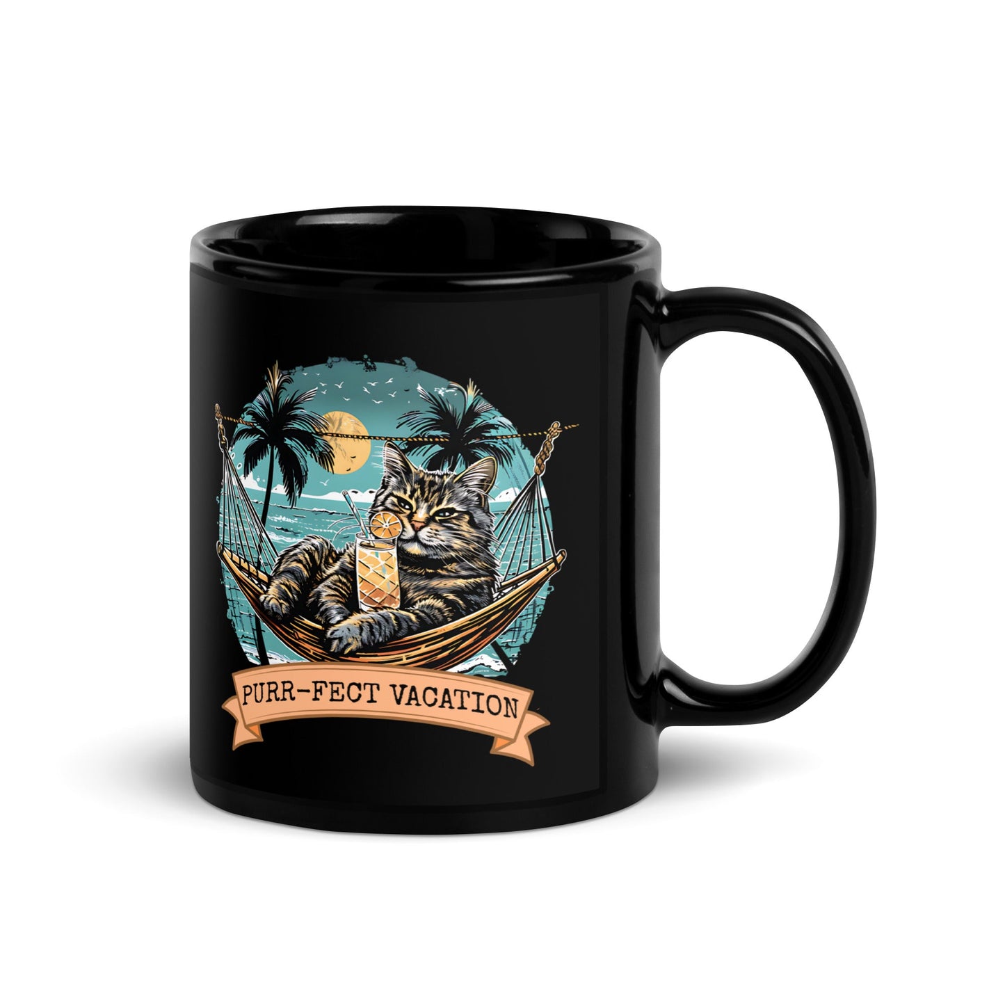 Purrfect Vacation Cat in a hammock - Black Mug - 11oz & 15oz Ceramic Coffee Mug - Sublimegifts4u.com