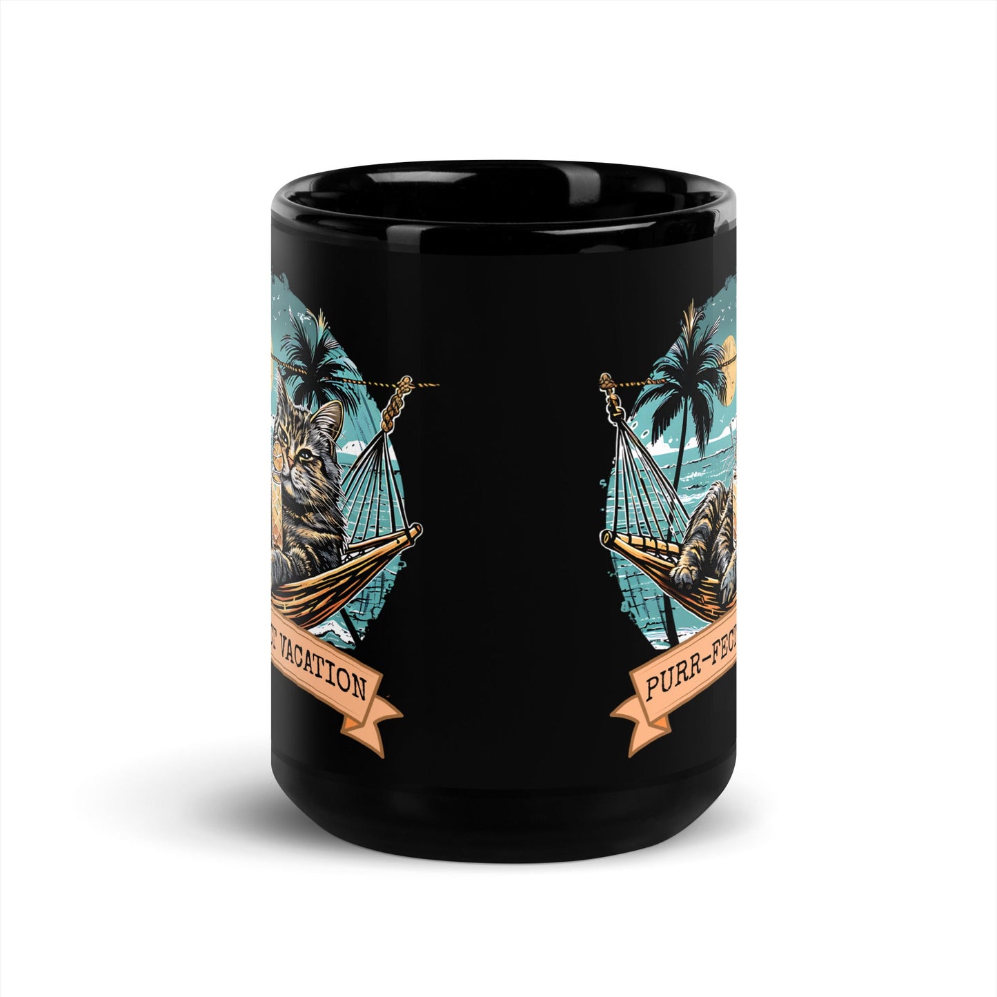 Purrfect Vacation Cat in a hammock - Black Mug - 11oz & 15oz Ceramic Coffee Mug - Sublimegifts4u.com