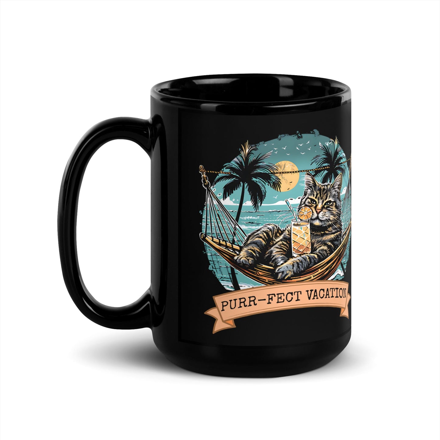 Purrfect Vacation Cat in a hammock - Black Mug - 11oz & 15oz Ceramic Coffee Mug - Sublimegifts4u.com