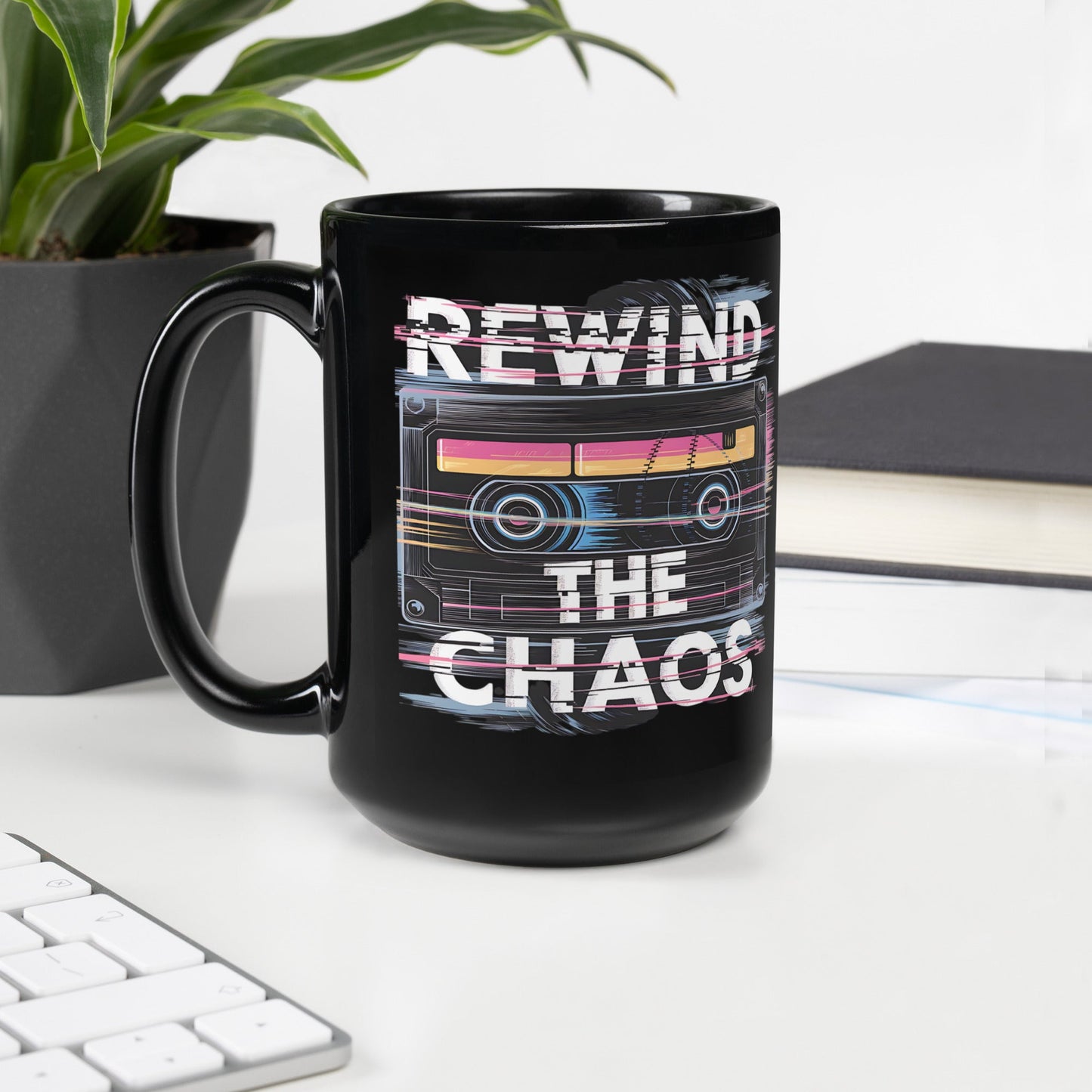 Rewind the Chaos" 80s Tape Mug – Neon Glitch Design, Black Ceramic 11oz & 15oz - Sublimegifts4u.com