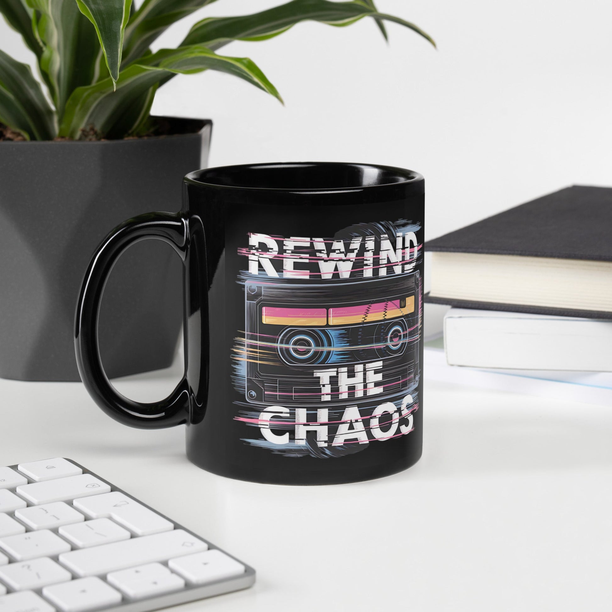 Rewind the Chaos" 80s Tape Mug – Neon Glitch Design, Black Ceramic 11oz & 15oz - Sublimegifts4u.com