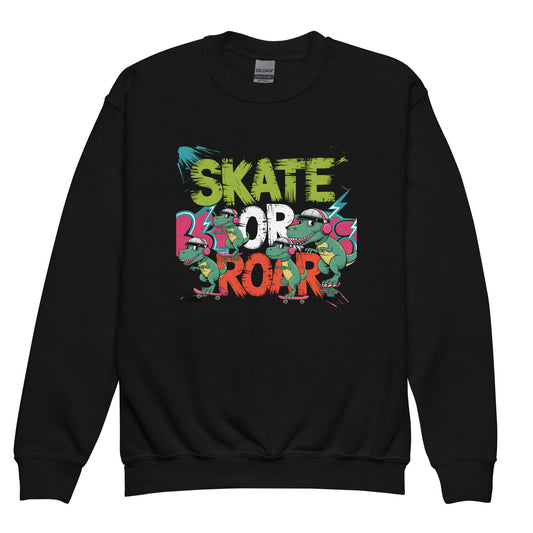 Skate or Roar Kids’ Sweatshirt – Roller - Skating Dinosaurs Grunge Design - Sublimegifts4u.com