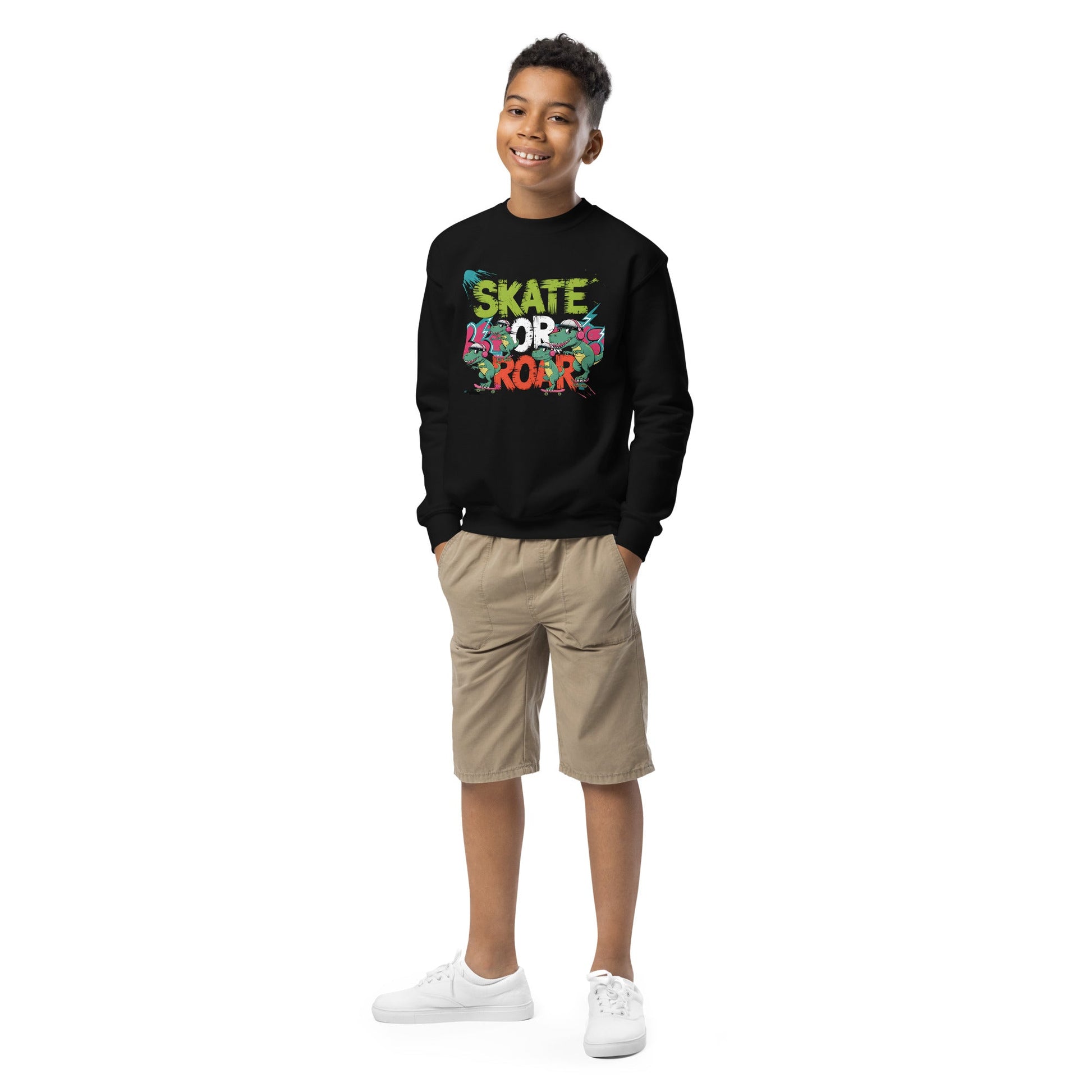 Skate or Roar Kids’ Sweatshirt – Roller - Skating Dinosaurs Grunge Design - Sublimegifts4u.com