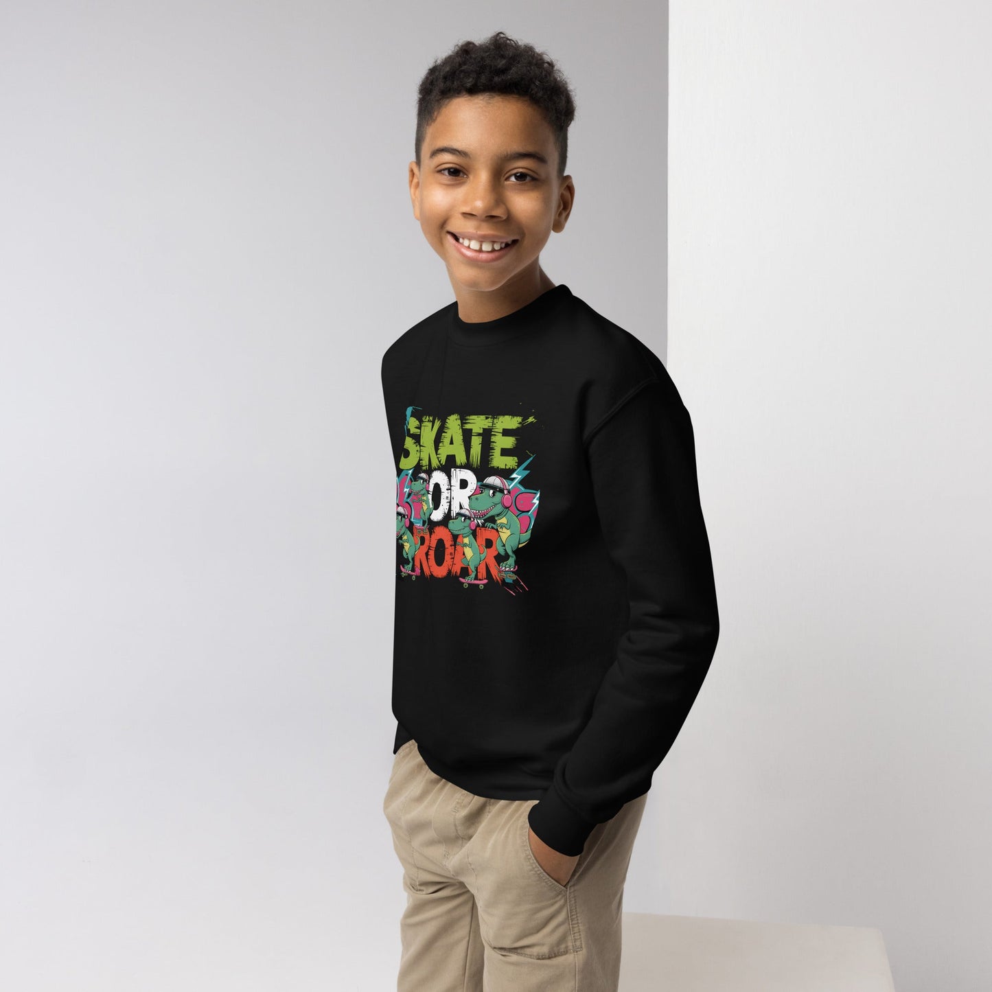 Skate or Roar Kids’ Sweatshirt – Roller - Skating Dinosaurs Grunge Design - Sublimegifts4u.com