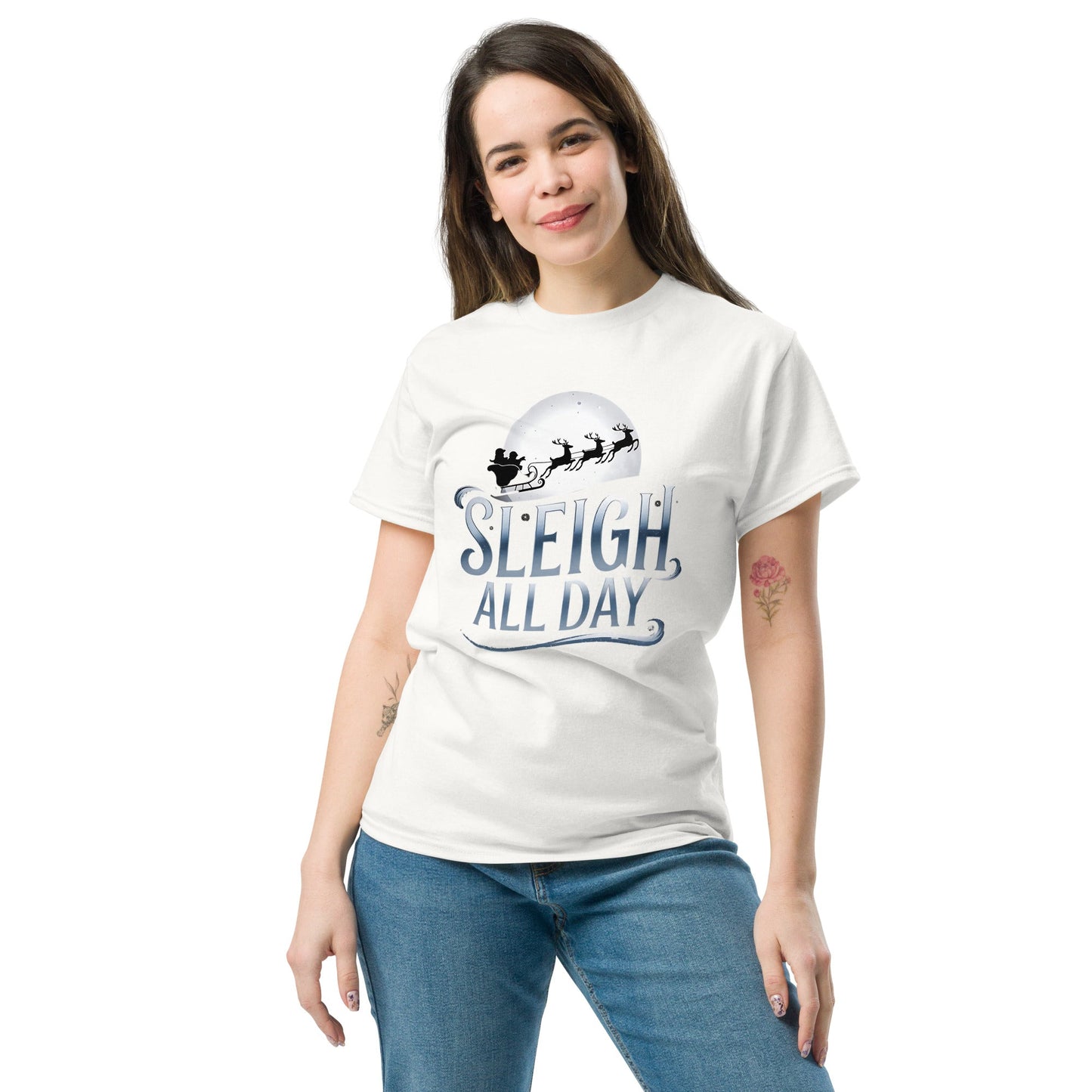 Sleigh All Day" Moon and Sleigh Women's Christmas T-Shirt - Sublimegifts4u.com