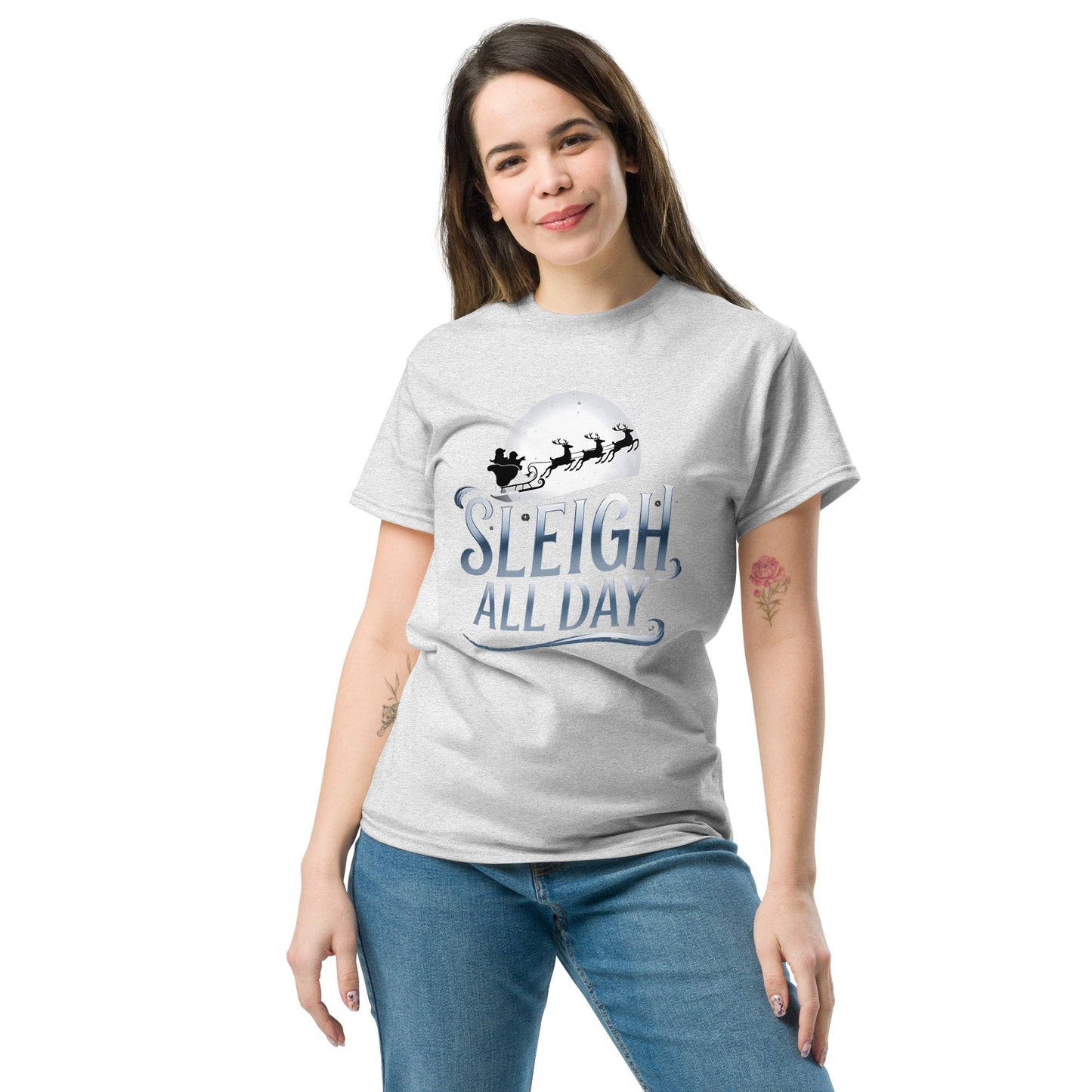 Sleigh All Day" Moon and Sleigh Women's Christmas T-Shirt - Sublimegifts4u.com