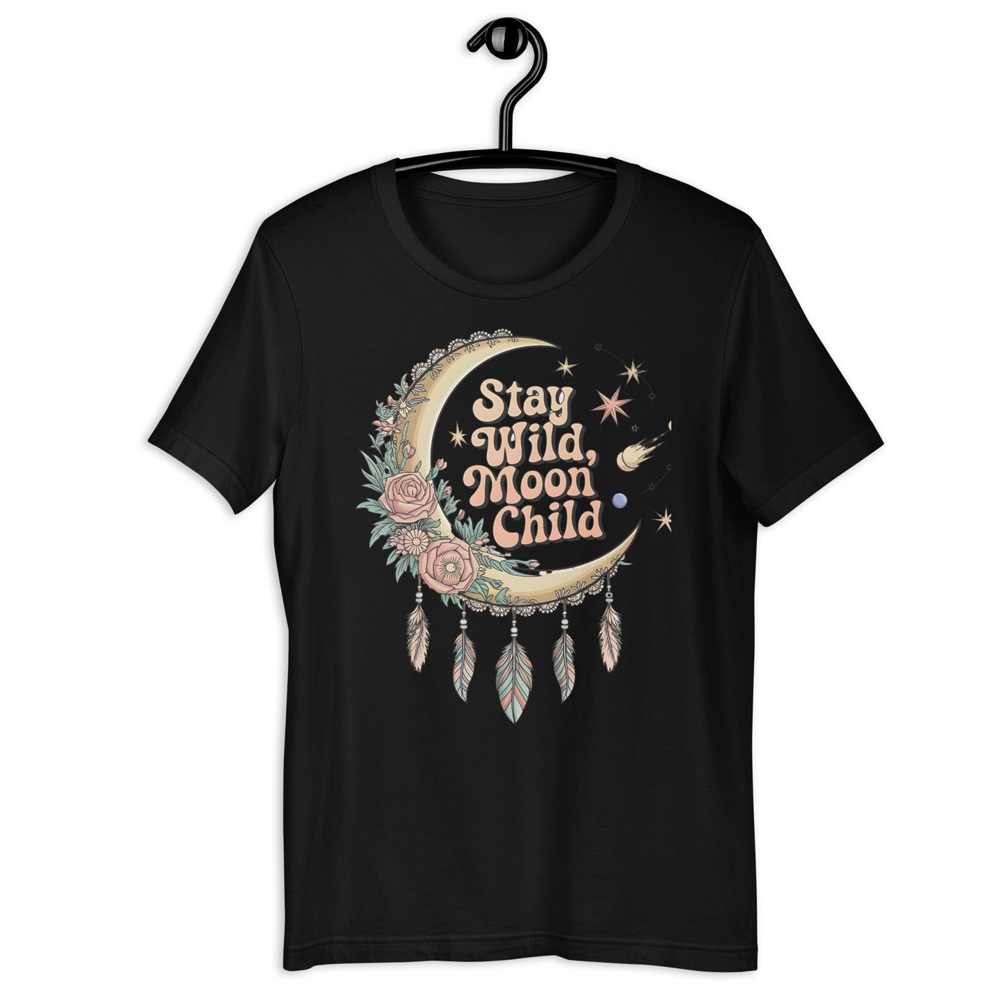 Stay Wild Moon Child Women's T-Shirt - Half Moon & Floral Design - Sublimegifts4u.com