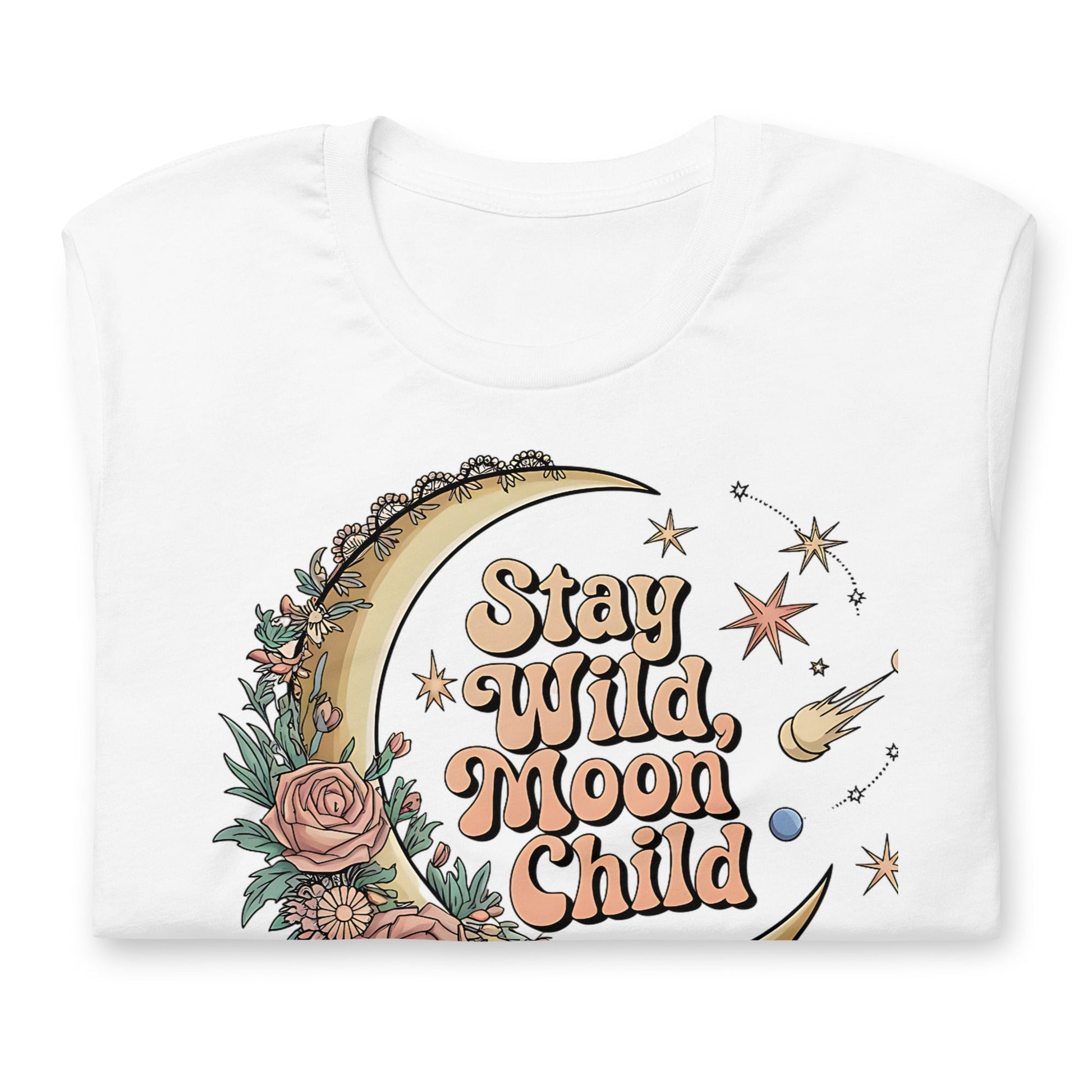 Stay Wild Moon Child Women's T-Shirt - Half Moon & Floral Design - Sublimegifts4u.com