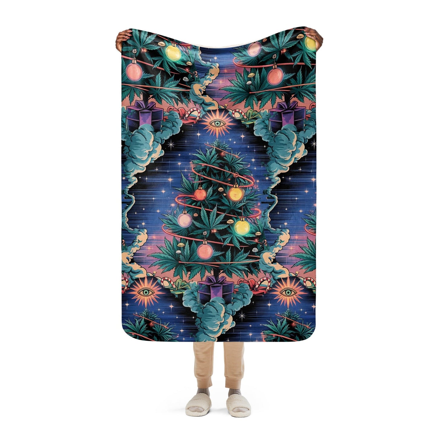 Stoner Psychedelic 3rd Eye Bud Christmas Tree Sherpa Blanket | 37"x57" Cozy Holiday Throw - Sublimegifts4u.com