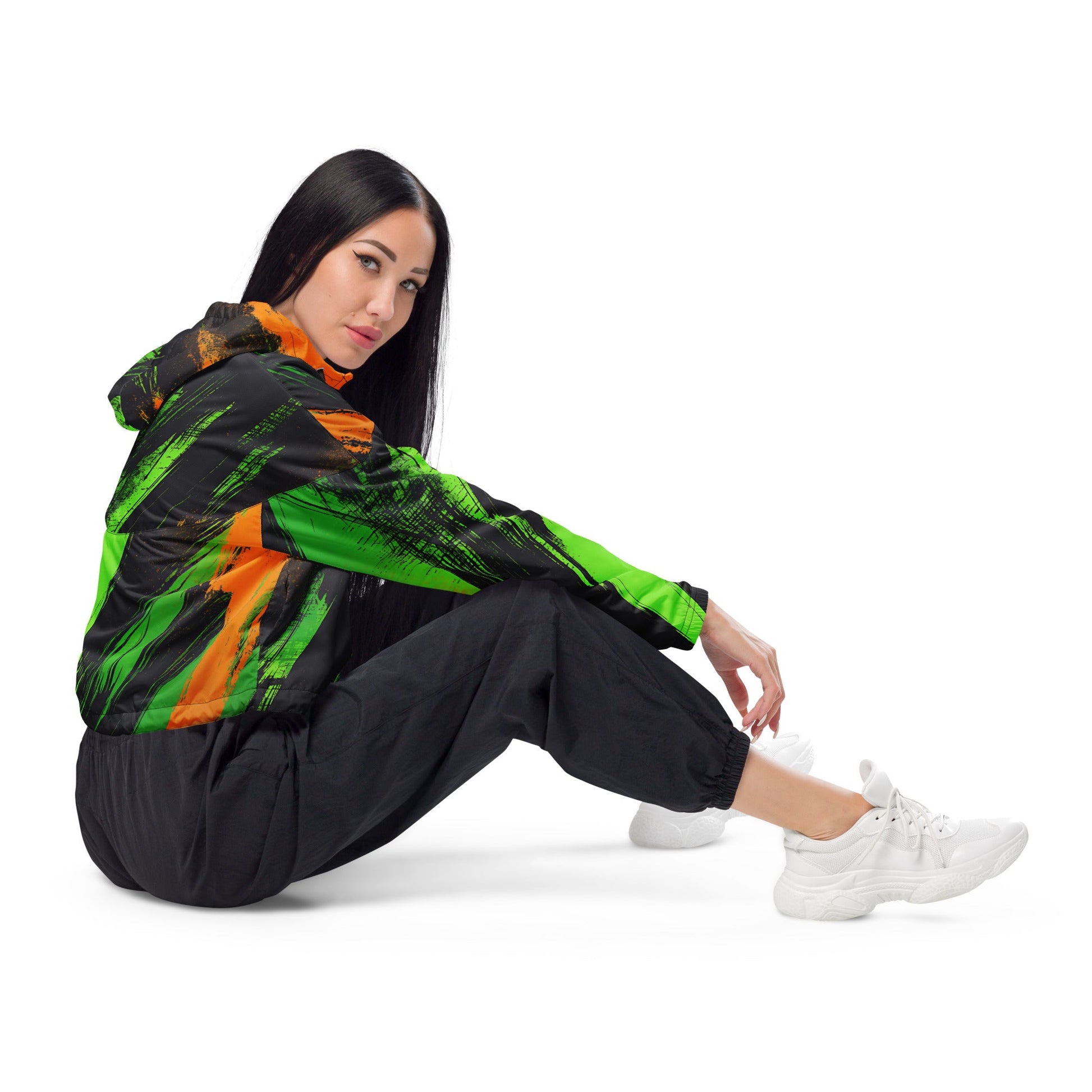 Stylish Grunge Green & Orange Women's Cropped Windbreaker - Waterproof Adventure Jacket - Sublimegifts4u.com