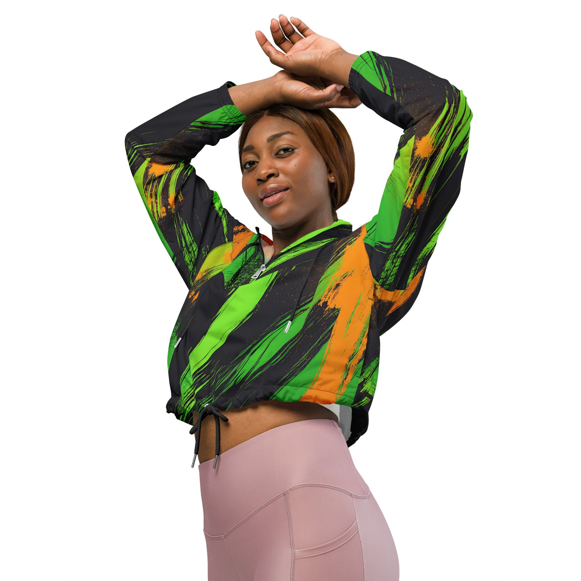 Stylish Grunge Green & Orange Women's Cropped Windbreaker - Waterproof Adventure Jacket - Sublimegifts4u.com