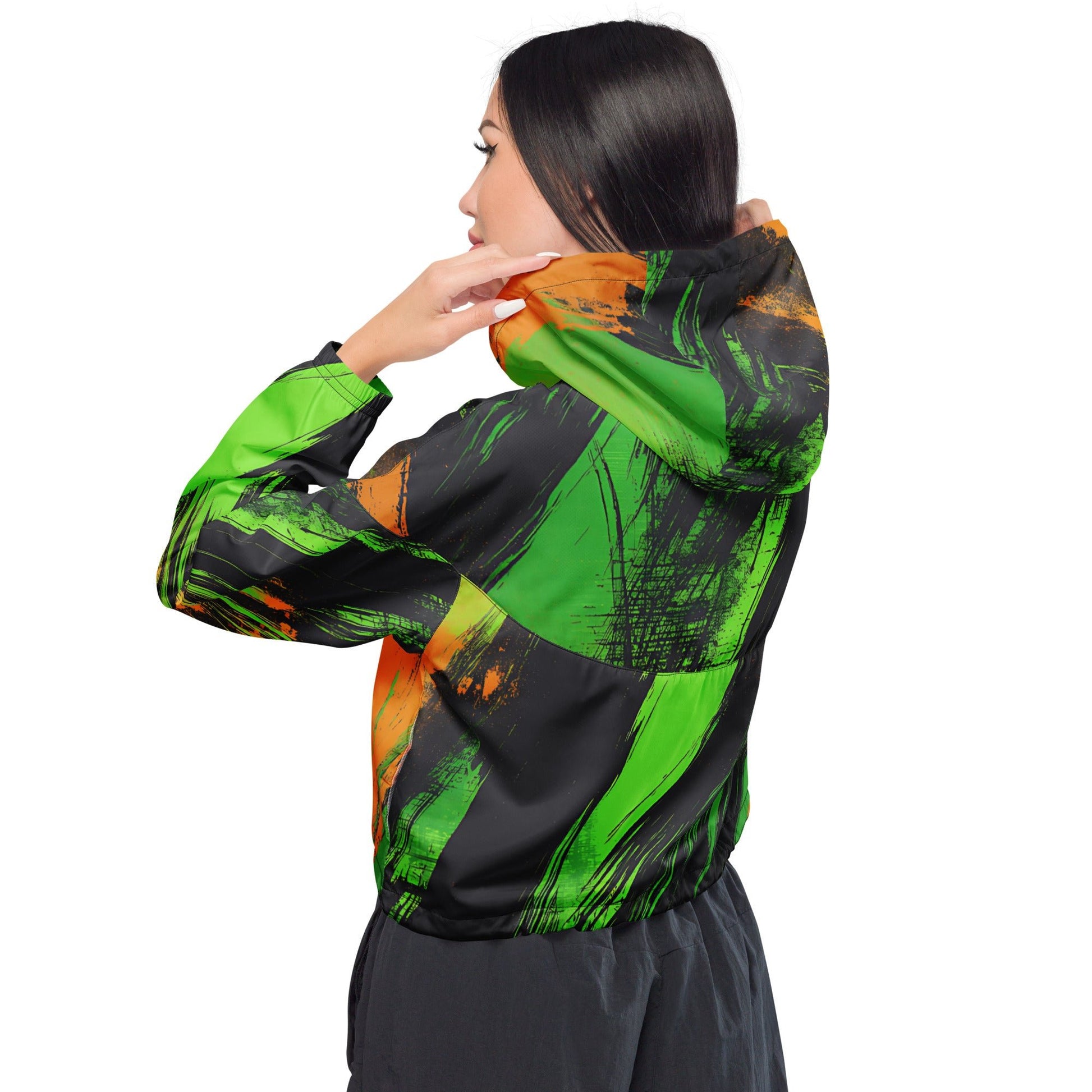 Stylish Grunge Green & Orange Women's Cropped Windbreaker - Waterproof Adventure Jacket - Sublimegifts4u.com