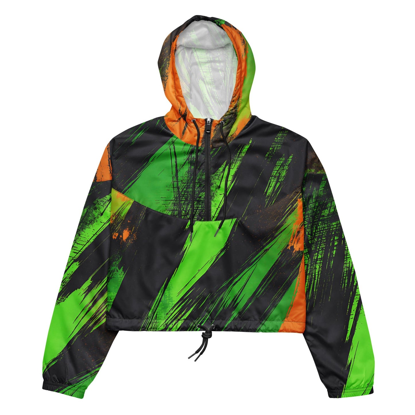 Stylish Grunge Green & Orange Women's Cropped Windbreaker - Waterproof Adventure Jacket - Sublimegifts4u.com