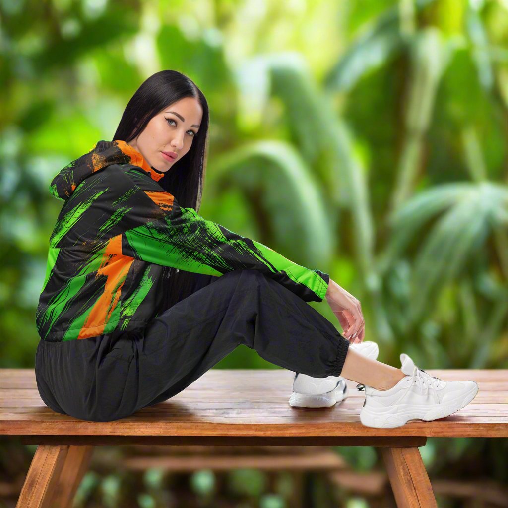 Stylish Grunge Green & Orange Women's Cropped Windbreaker - Waterproof Adventure Jacket - Sublimegifts4u.com