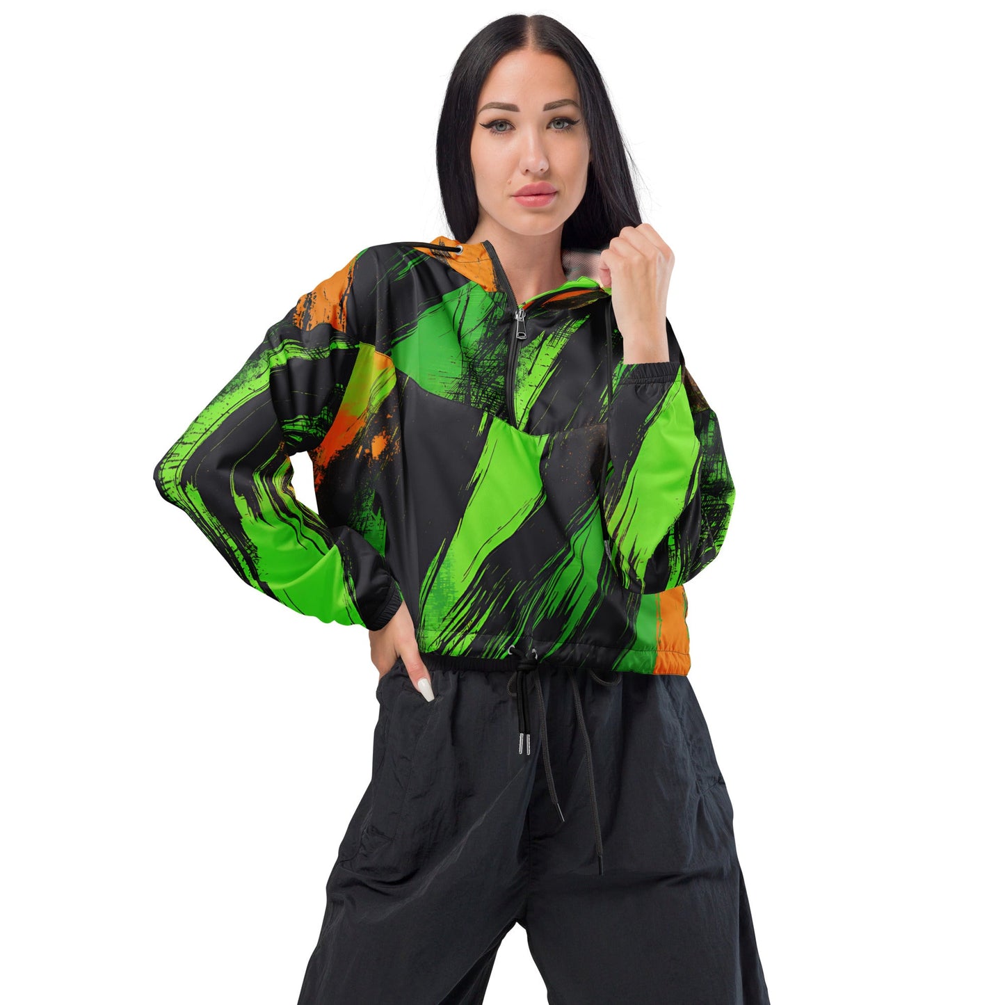 Stylish Grunge Green & Orange Women's Cropped Windbreaker - Waterproof Adventure Jacket - Sublimegifts4u.com