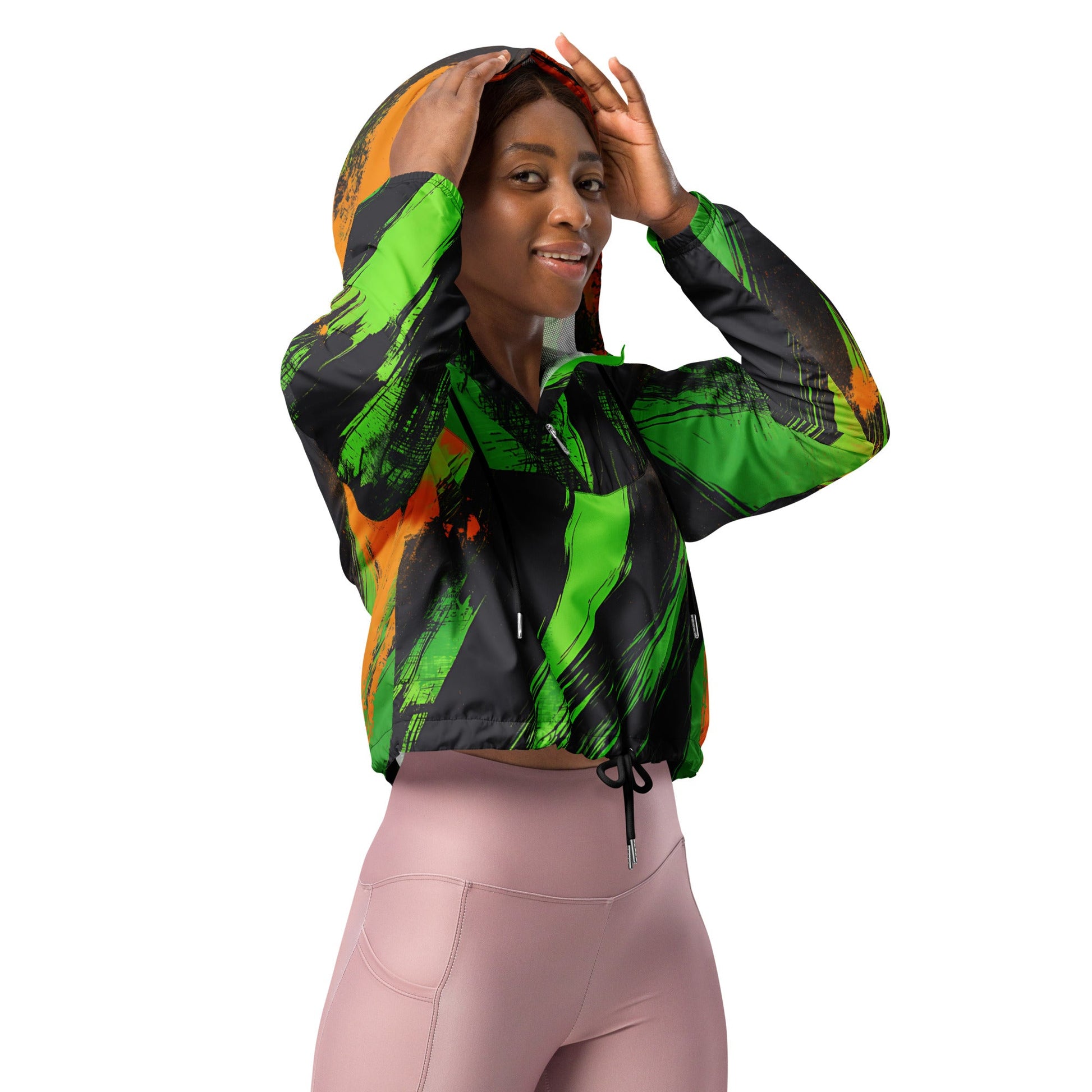 Stylish Grunge Green & Orange Women's Cropped Windbreaker - Waterproof Adventure Jacket - Sublimegifts4u.com