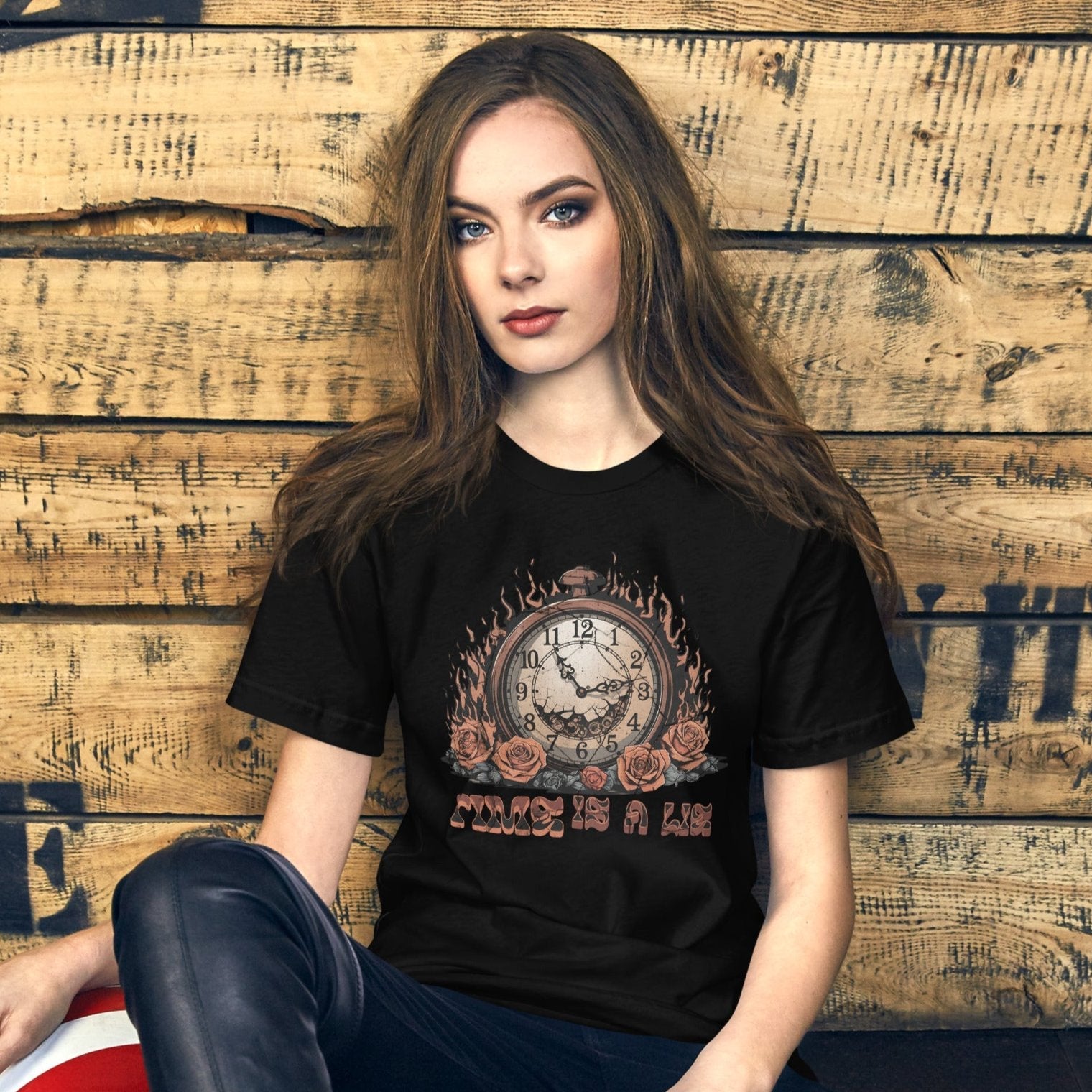 Time Is a Lie Women’s T-Shirt – Grunge Clock & Florals Design - Sublimegifts4u.com