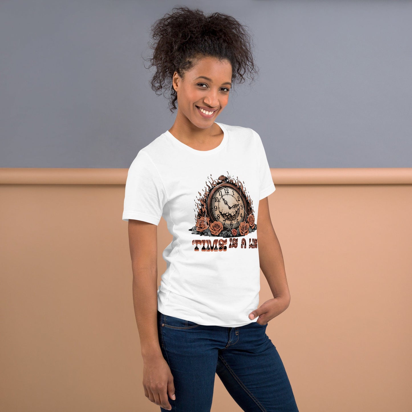 Time Is a Lie Women’s T-Shirt – Grunge Clock & Florals Design - Sublimegifts4u.com