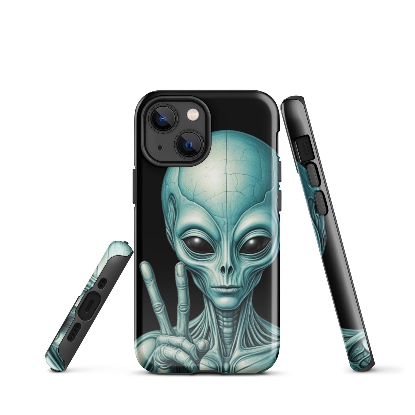 Trendy iPhone Tough Case with Alien Peace Symbol on Black Background | Dual - Layer Protection - Sublimegifts4u.com