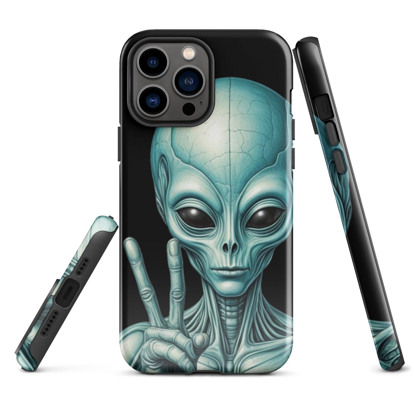 Trendy iPhone Tough Case with Alien Peace Symbol on Black Background | Dual - Layer Protection - Sublimegifts4u.com