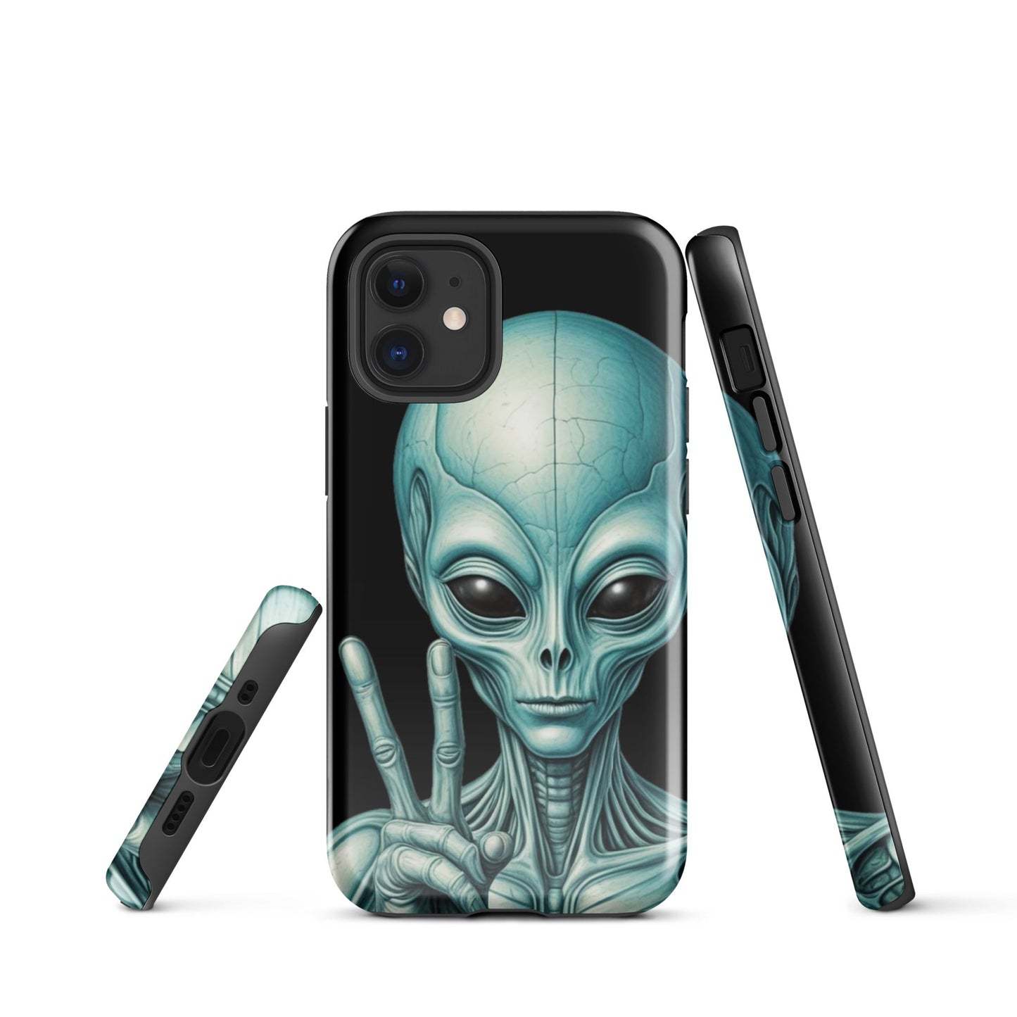 Trendy iPhone Tough Case with Alien Peace Symbol on Black Background | Dual - Layer Protection - Sublimegifts4u.com