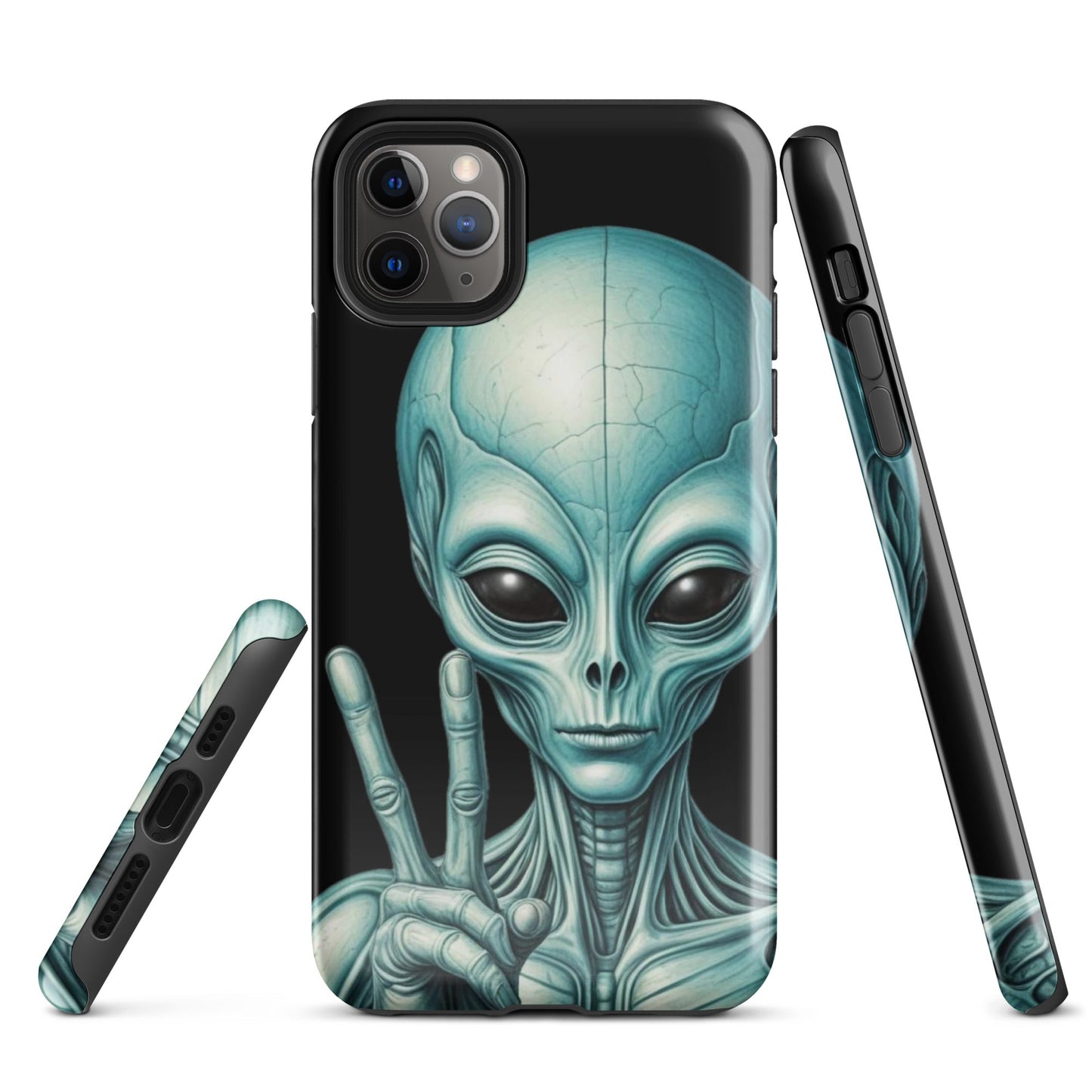 Trendy iPhone Tough Case with Alien Peace Symbol on Black Background | Dual - Layer Protection - Sublimegifts4u.com