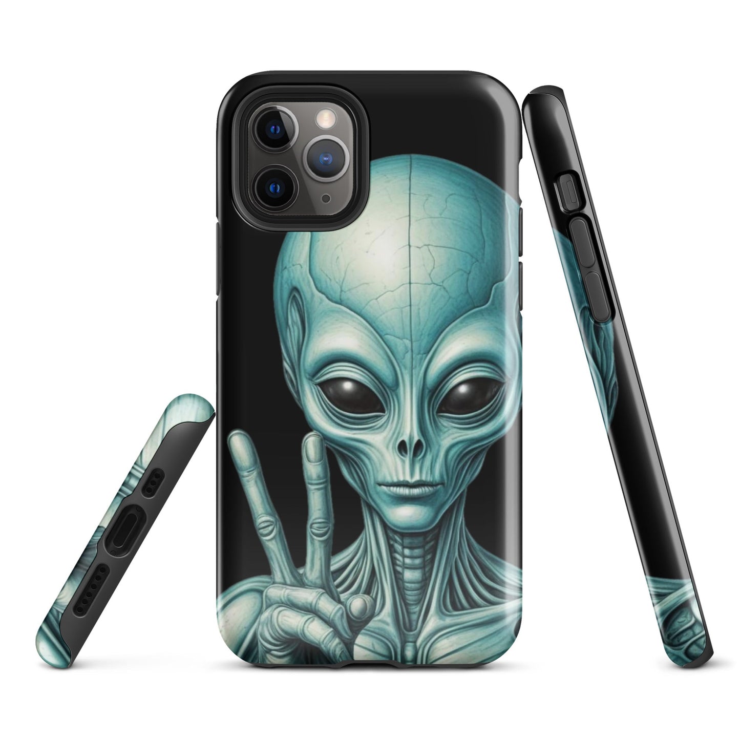 Trendy iPhone Tough Case with Alien Peace Symbol on Black Background | Dual - Layer Protection - Sublimegifts4u.com