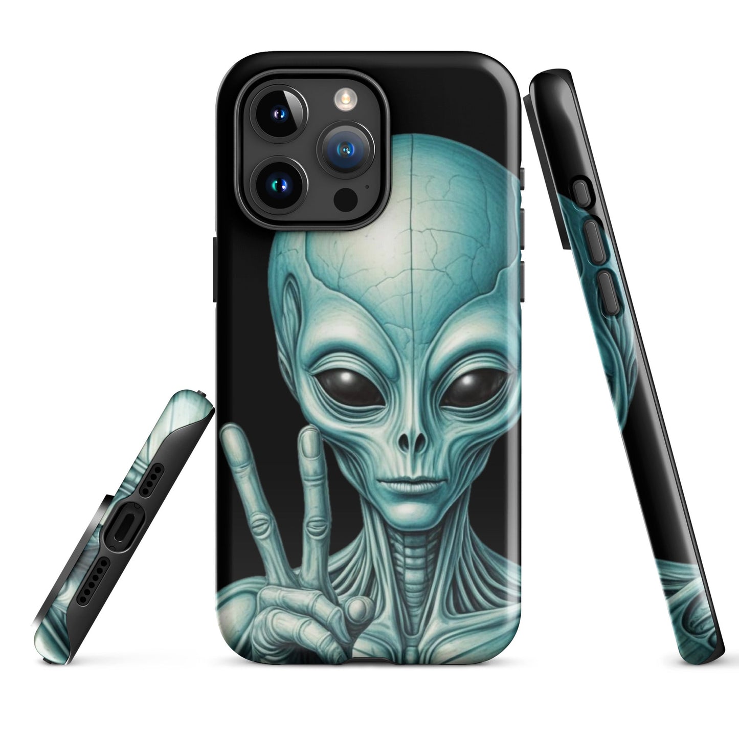 Trendy iPhone Tough Case with Alien Peace Symbol on Black Background | Dual - Layer Protection - Sublimegifts4u.com